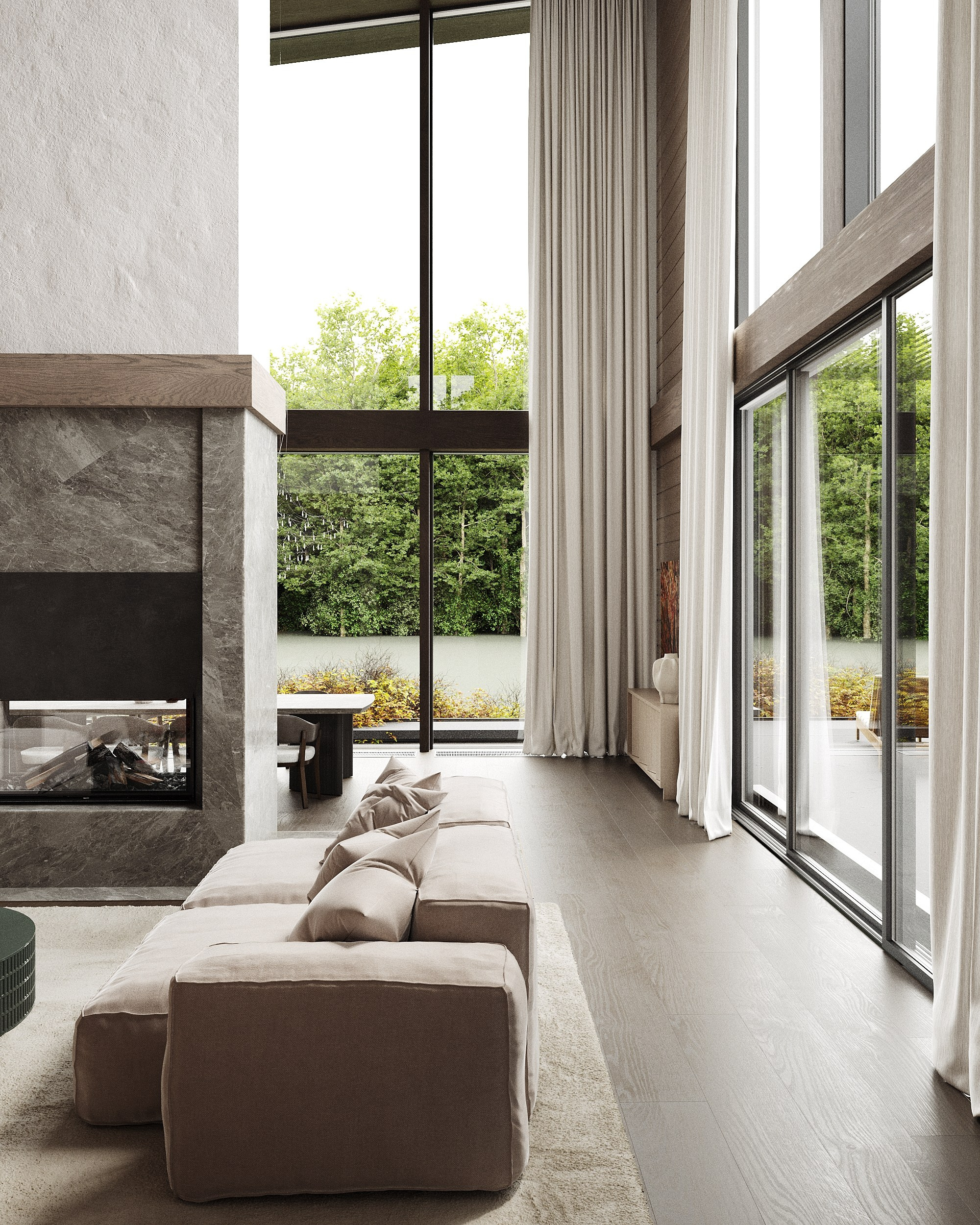 Дизайн интерьера дома из бруса с камином в центре дома.