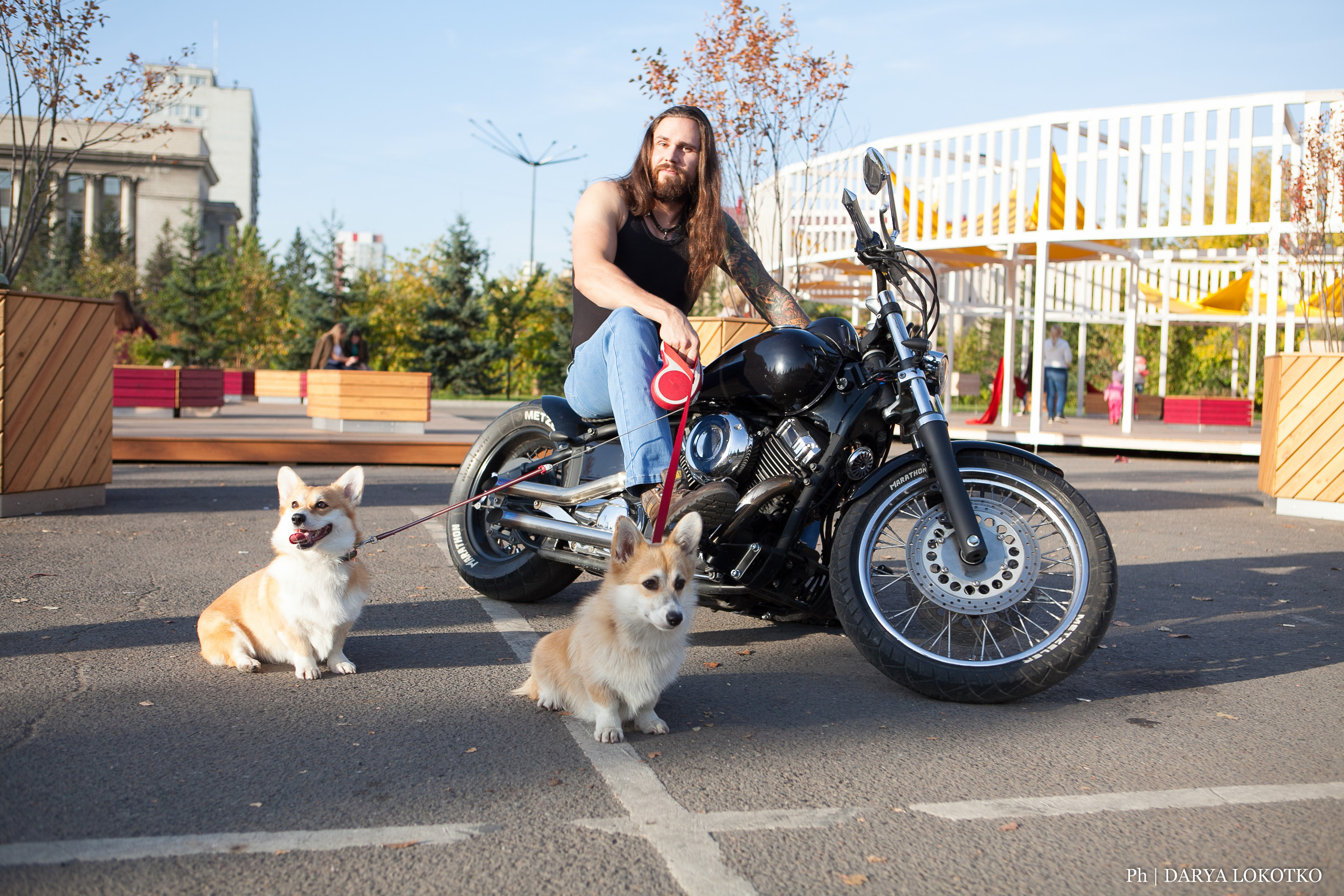 байкер парень мотоцикл руль чоппер фотосессия город лето корги