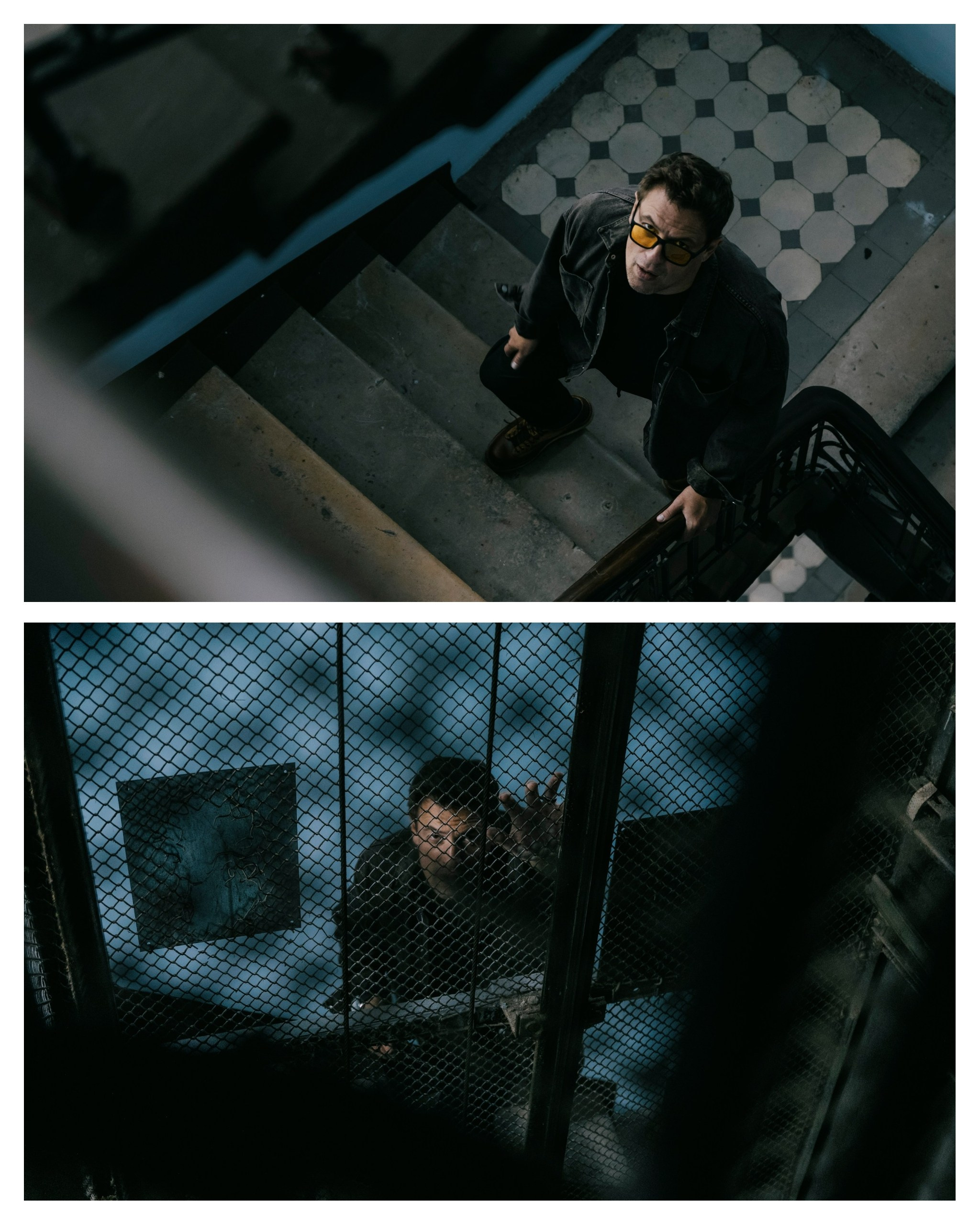 мужчина в желтых очках в подъезде