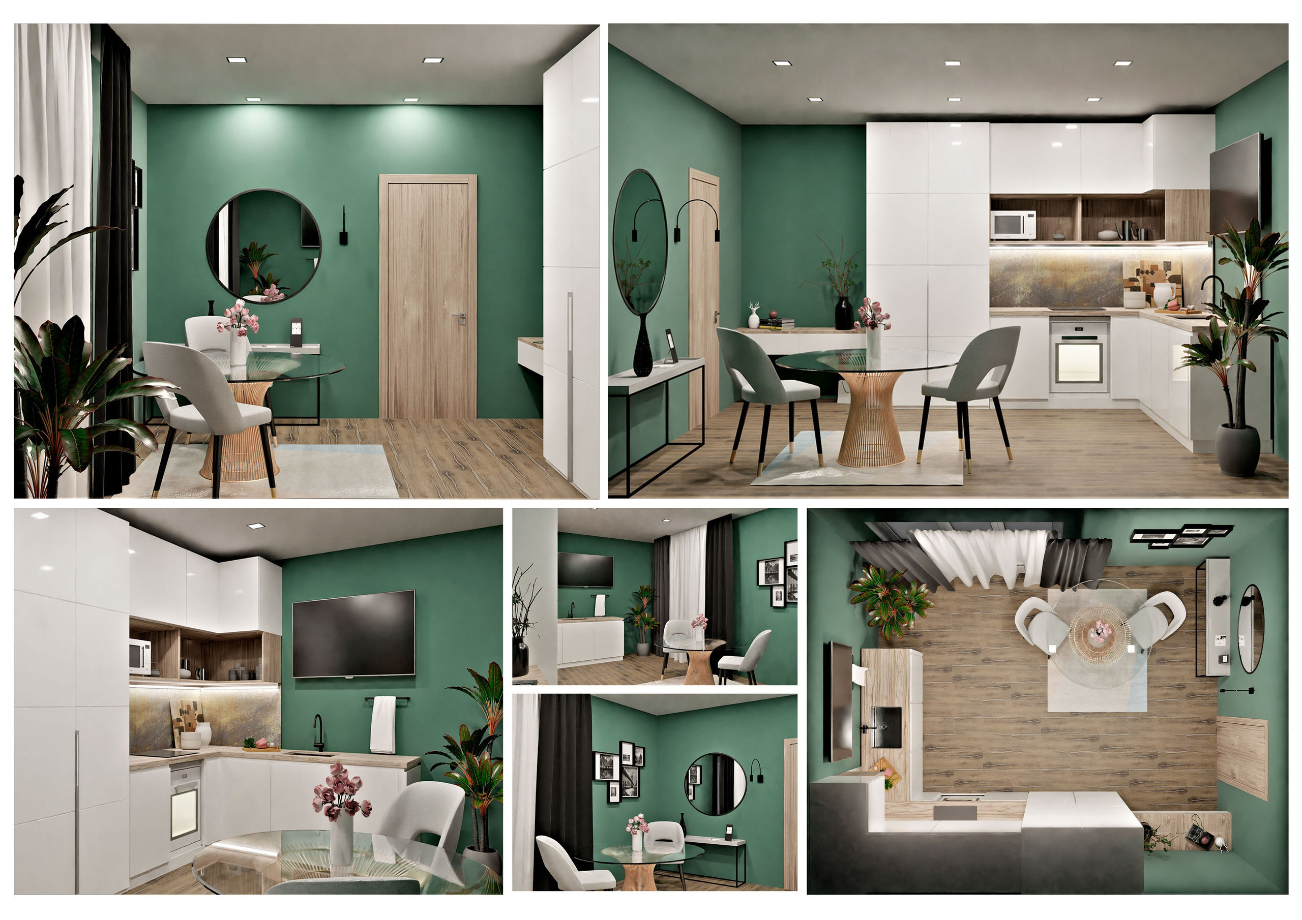 Коллаж 3d визуализации квартиры, по дизайн проекту. Выполнен в зеленых оттенках.