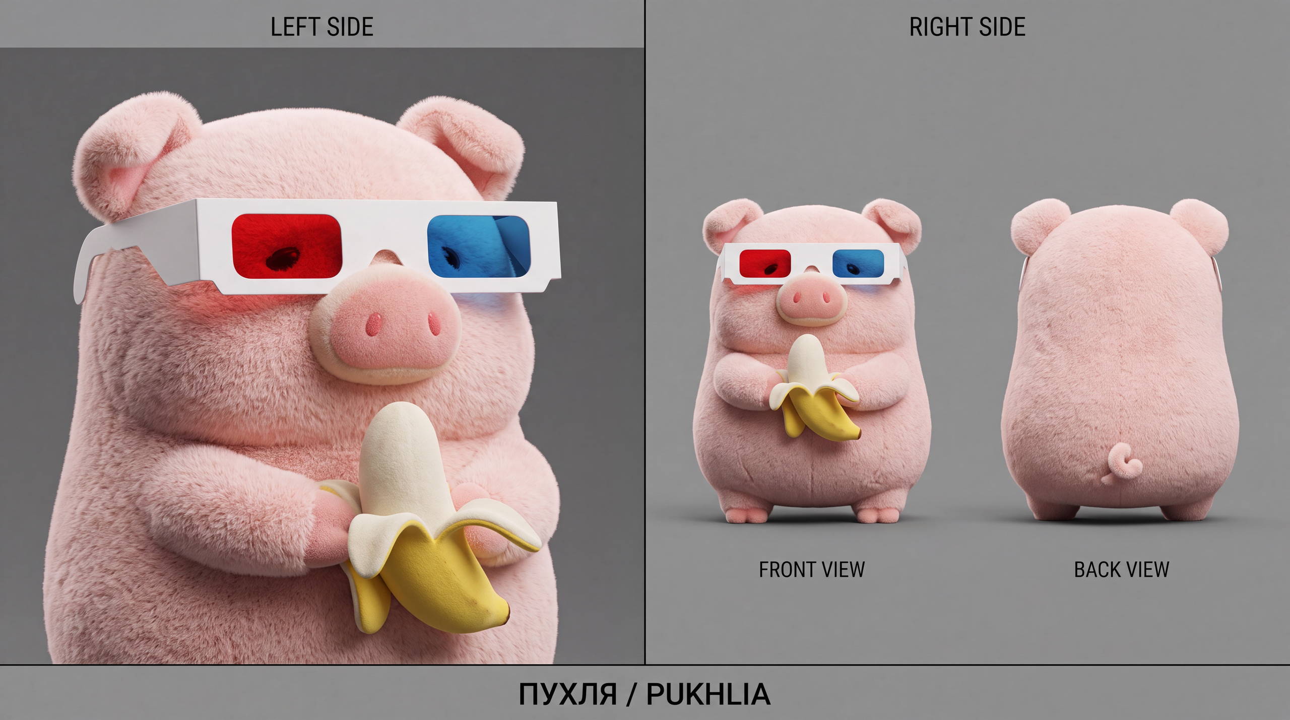 плющевая фигурка свиньи в 3D очках с бананом — фирменный маскот проекта, ИИ видеоролики на свадьбу и персональные подарки для пары под заказ
