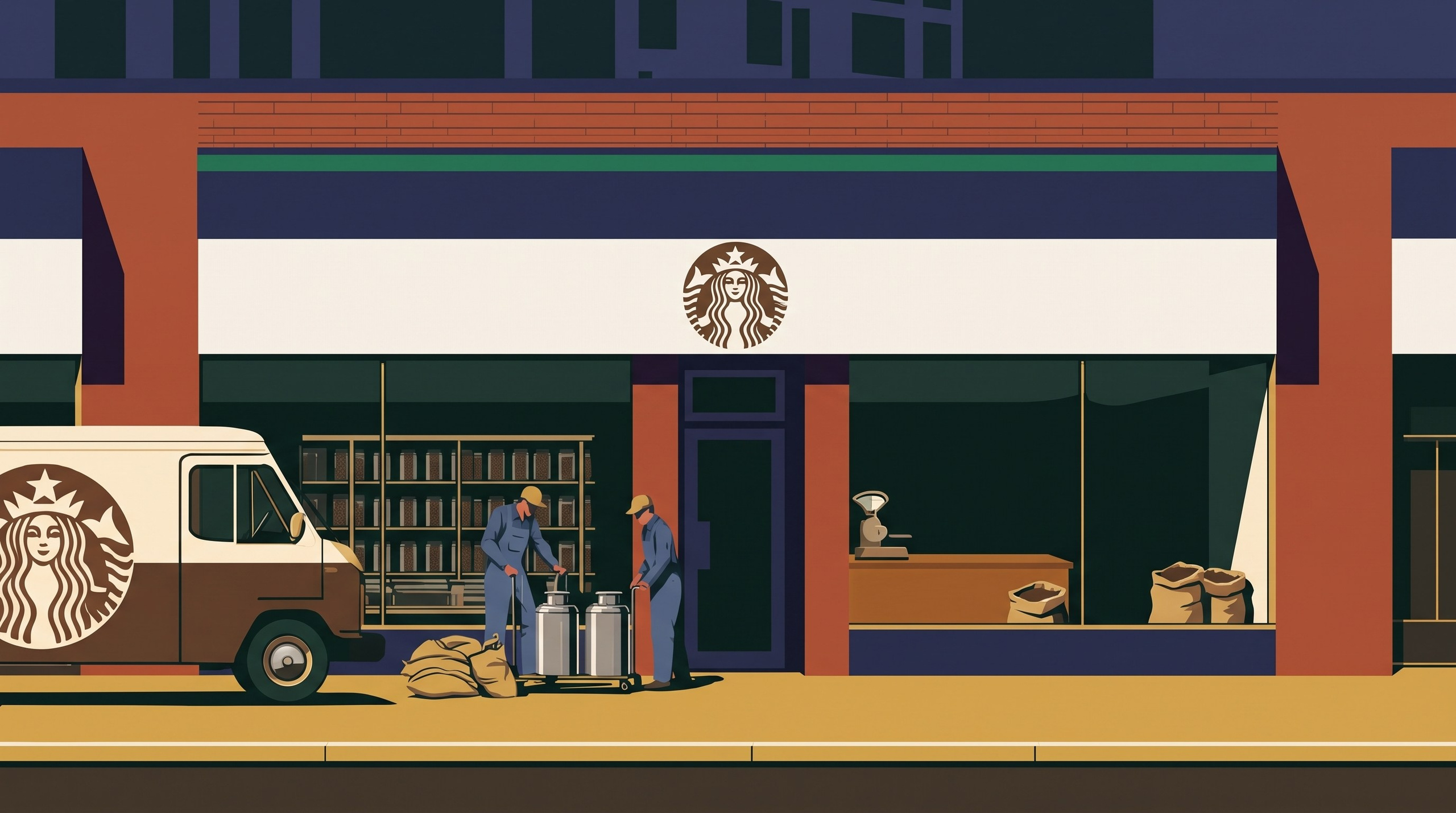 Кадр AI-ролика о развитии Starbucks: посетители у кофейни.