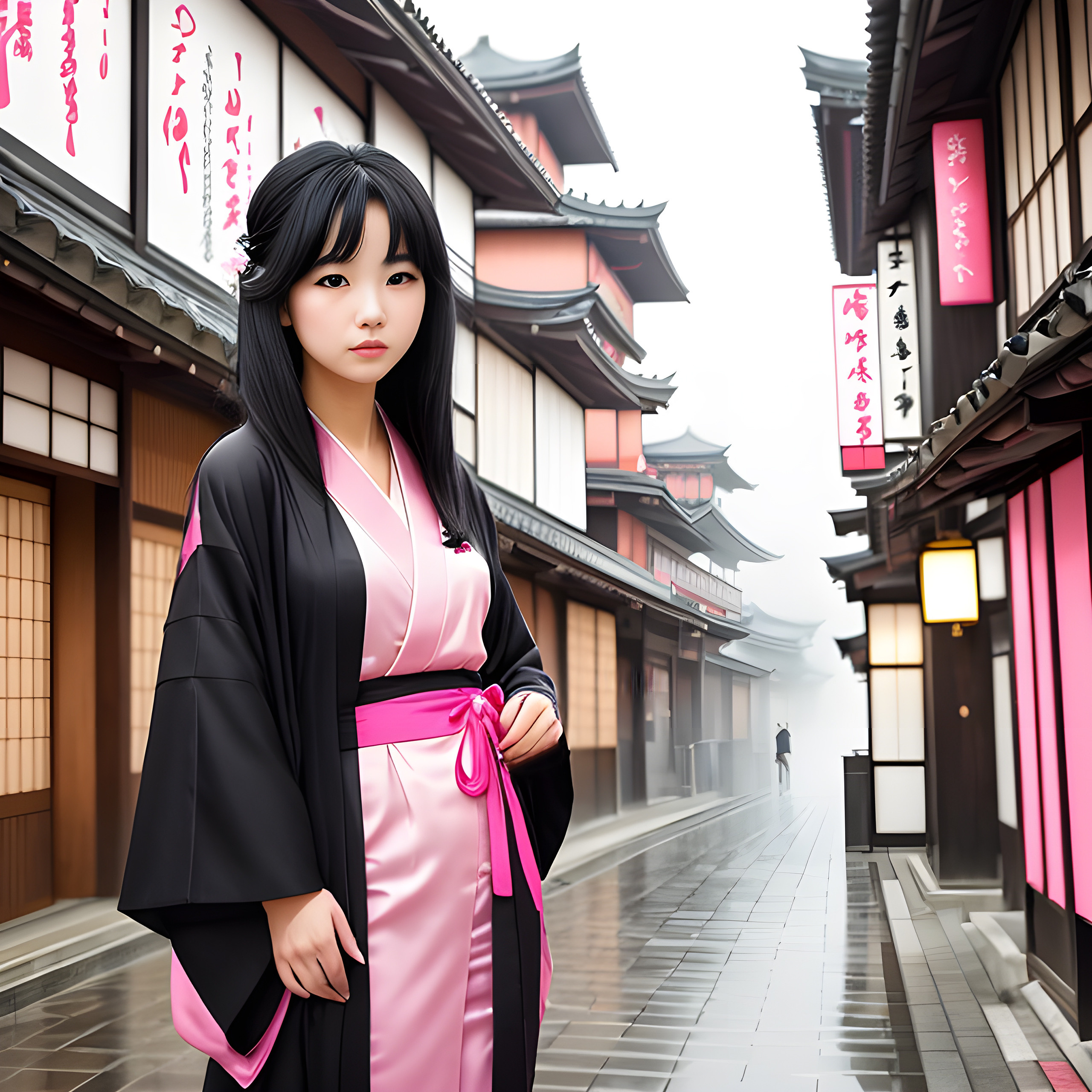 japanese girl,pink kimono,on the street of old japanese town,foggy day