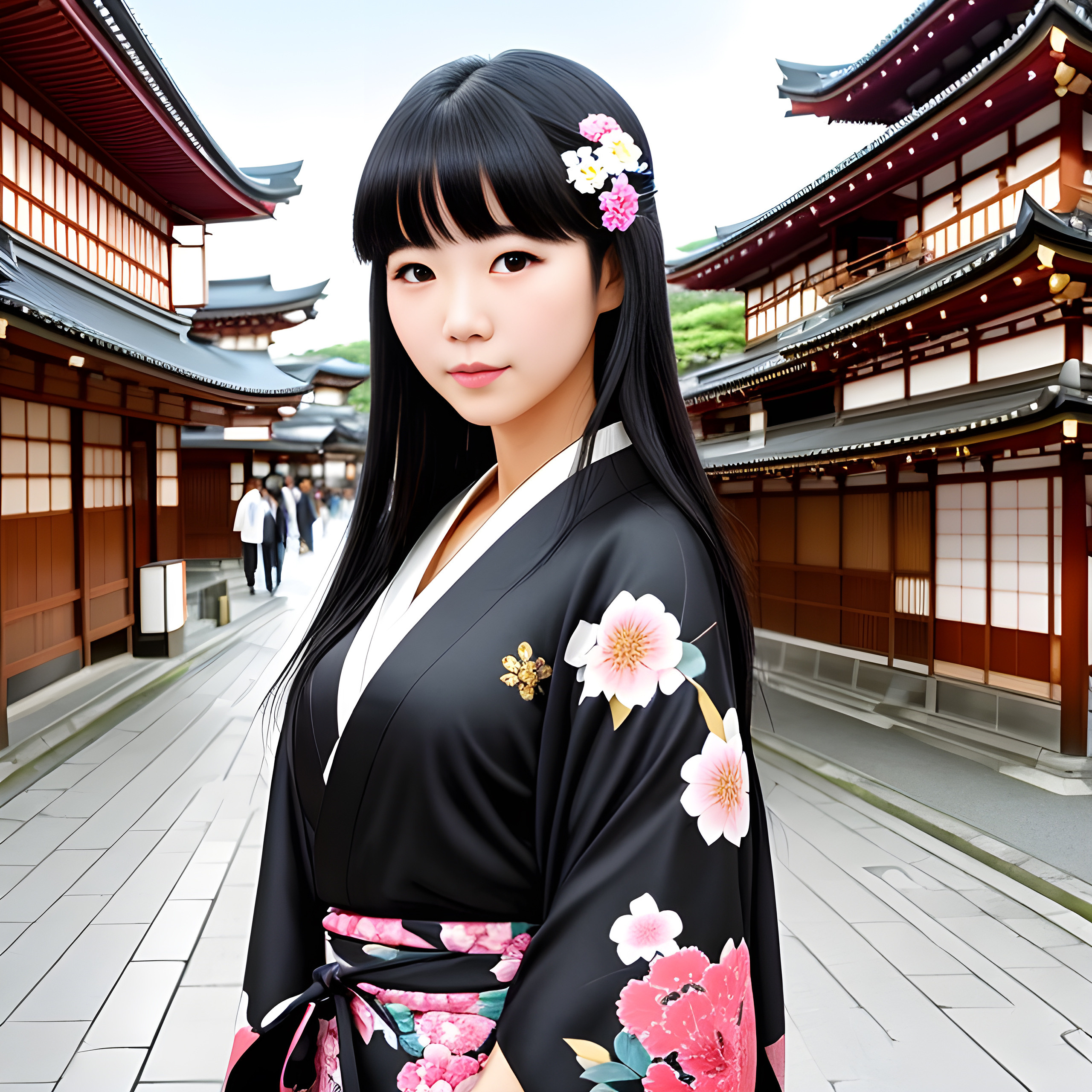 japanese girl,long hair,black kimono,on the street of old japan town,foggy day