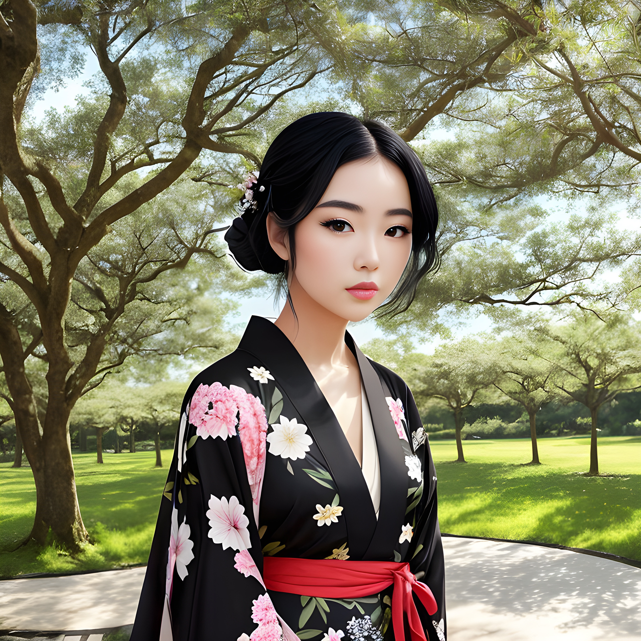 japanese girllong hair,pink kimono,on the street,old japanese town,black kimono,green trees on background,sunny day