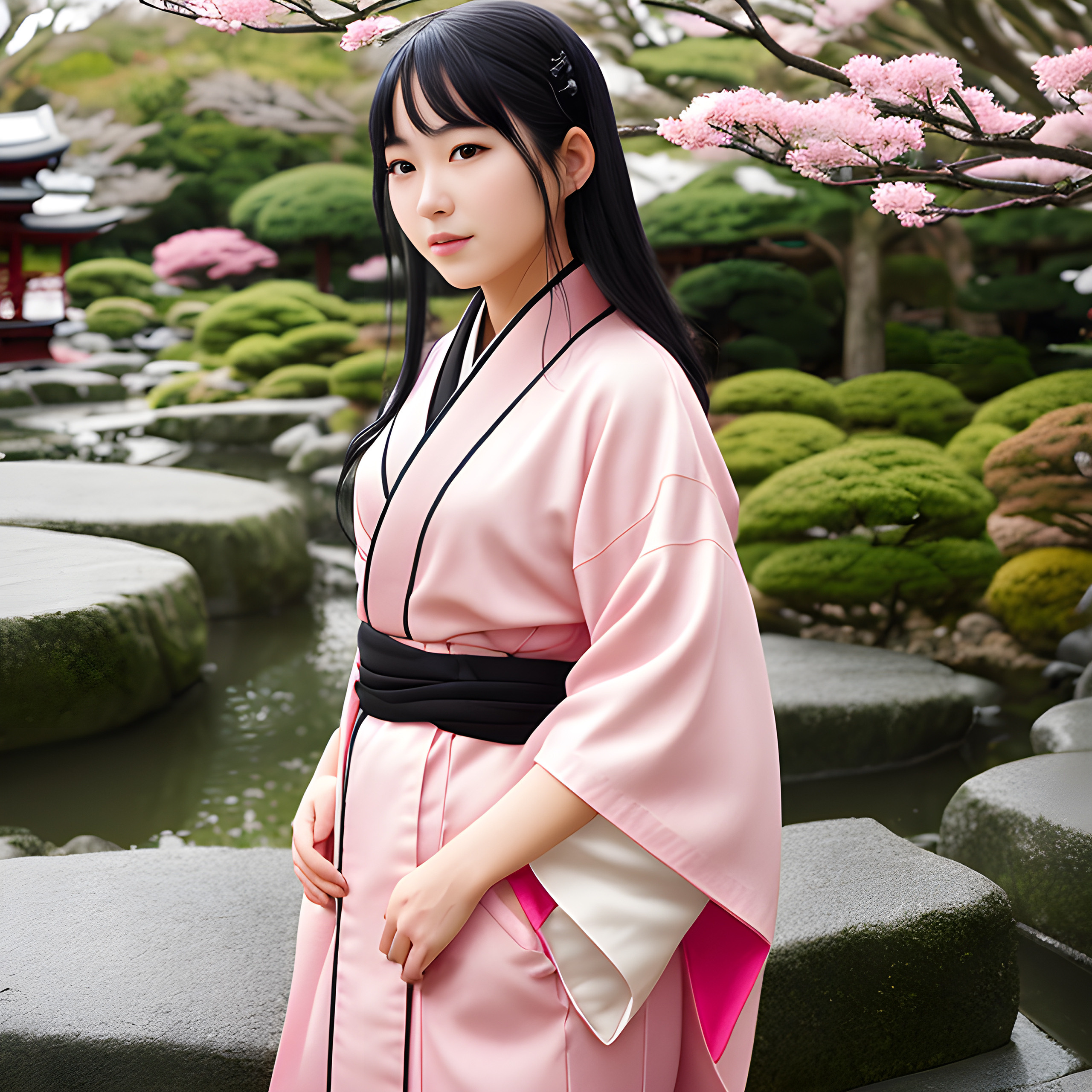 japanese girl,pink kimono,japanese garden on background,daylight