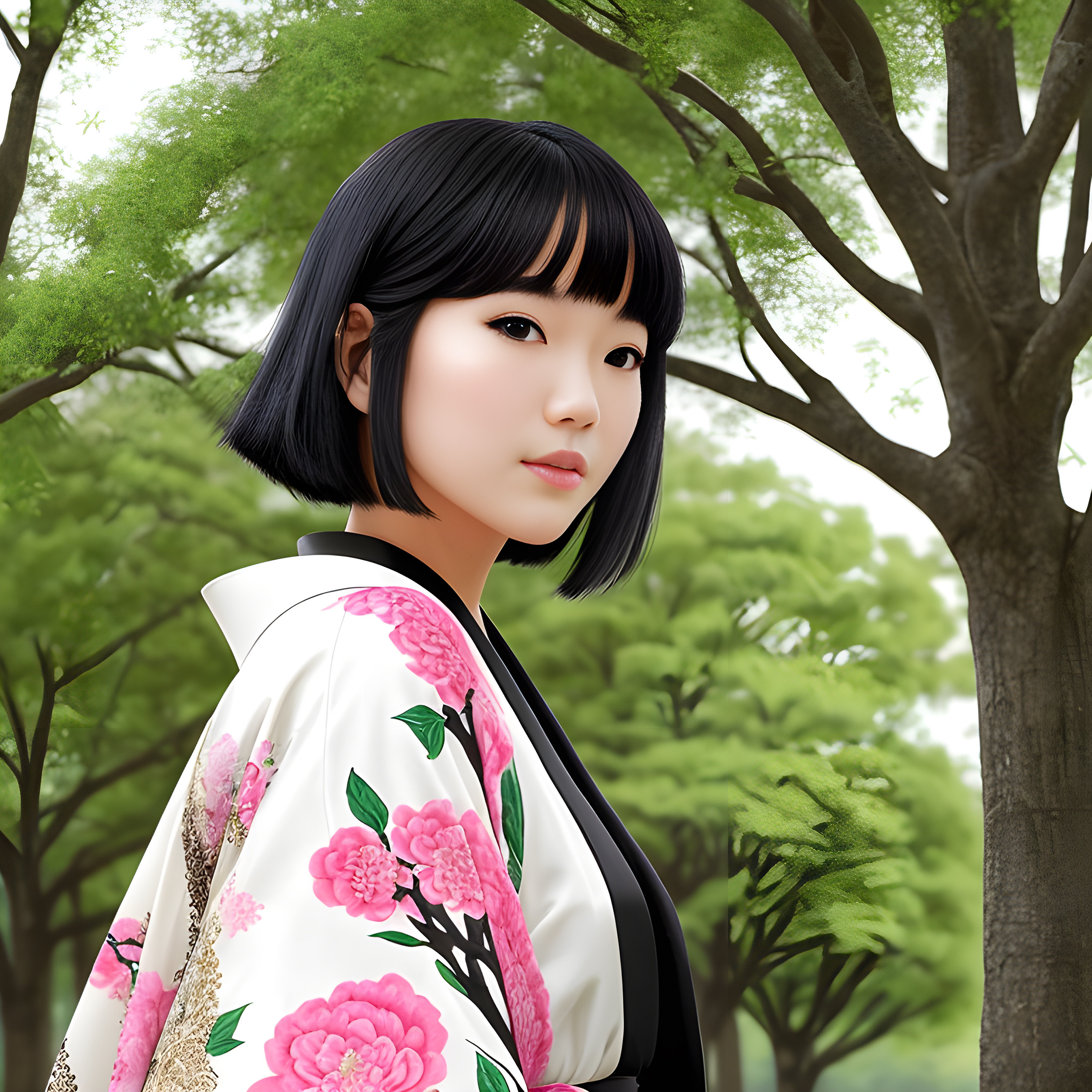 Japanese girl,white-pink kimono,short hair,greeh trees on background,summer day