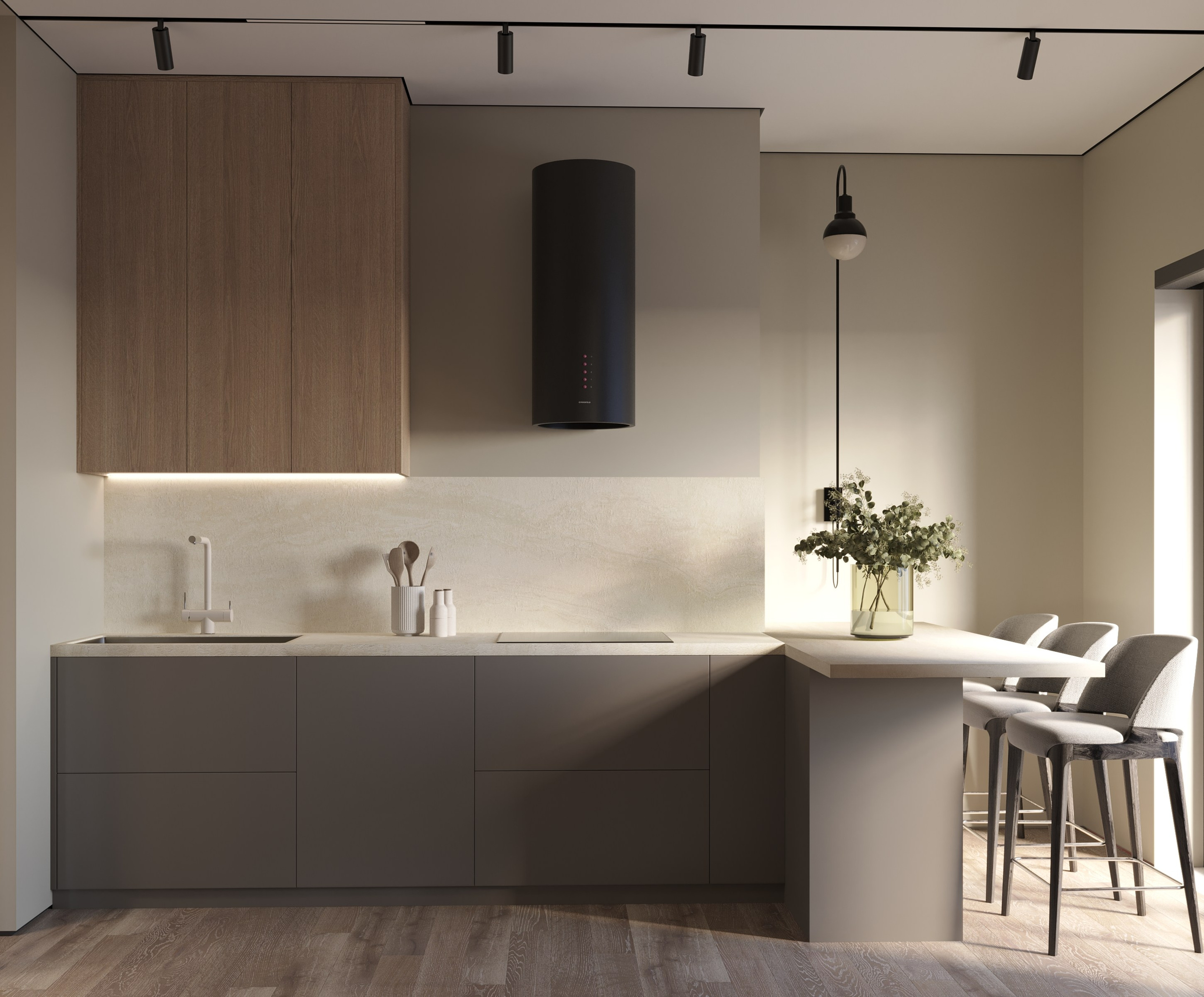 Кухня с островом в современном стиле в сером цвете и натуральным деревом 