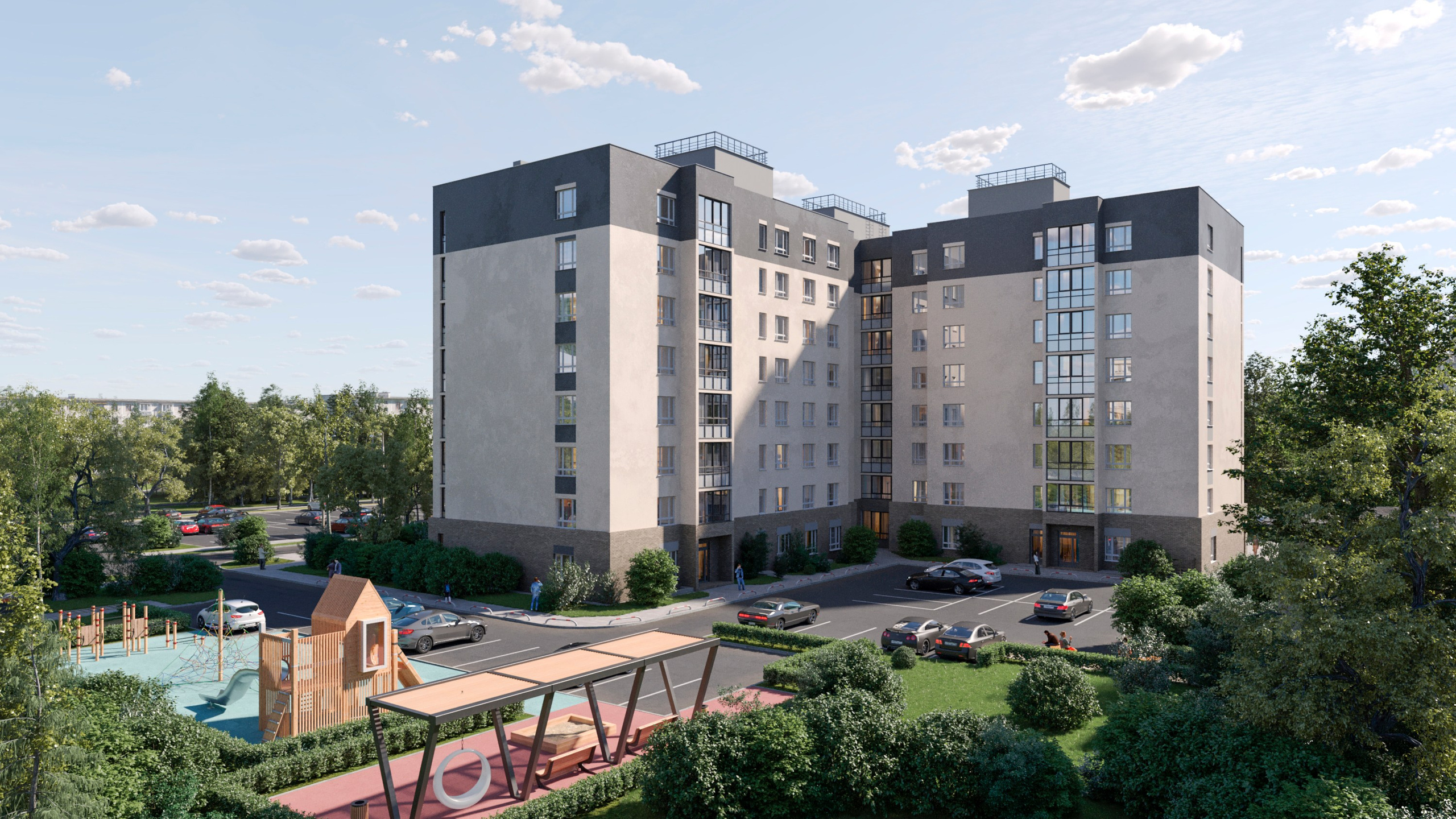 Внутренний двор жилого комплекса с парковочными местами и зелёными зонами в ЖК Центр