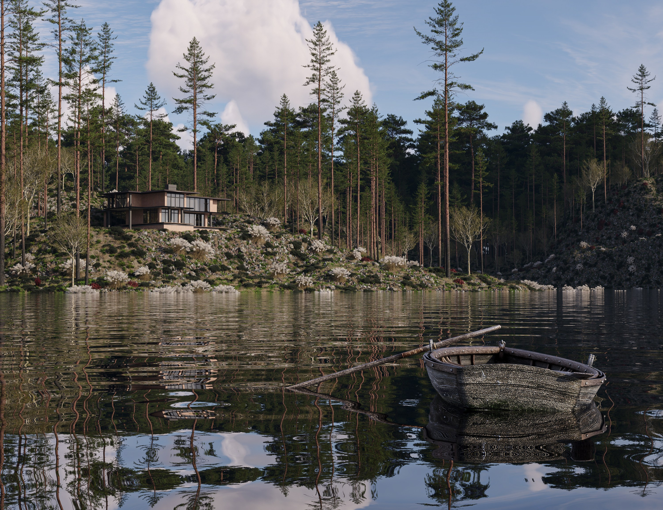 Коттедж у озера. 3D визуализация интерьера и архитектурной среды