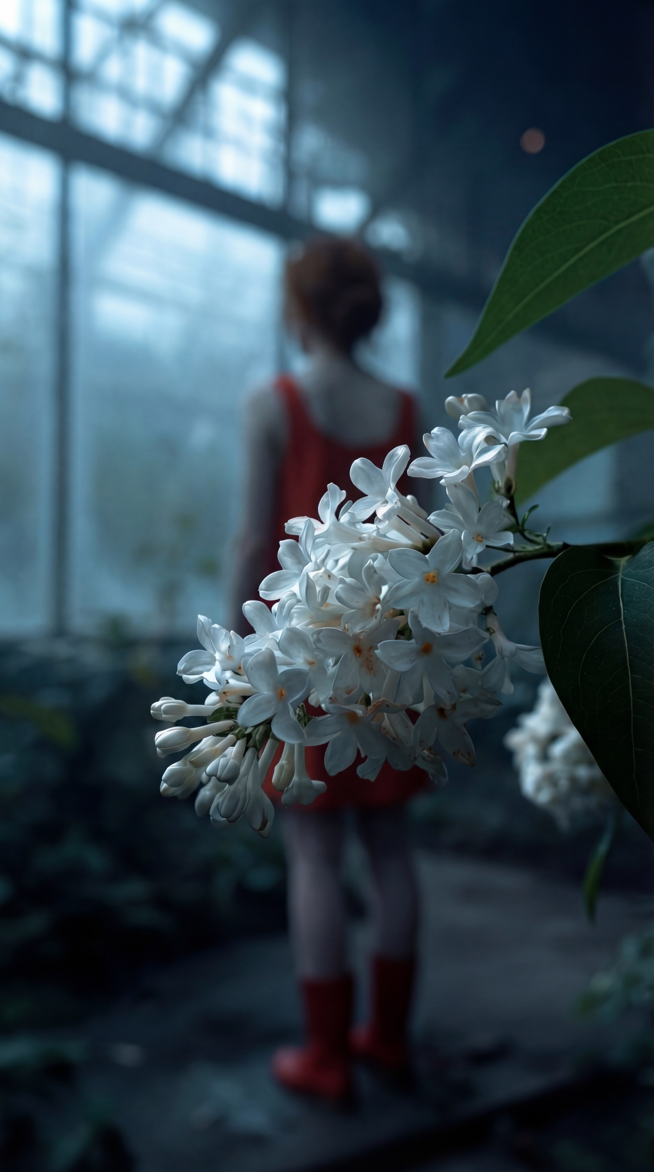 AI-атмосферное фото девушки с белыми цветами в тёмной оранжерее, нейро-контент для fashion-бренда, AI-визуал мистическая съёмка в оранжерее