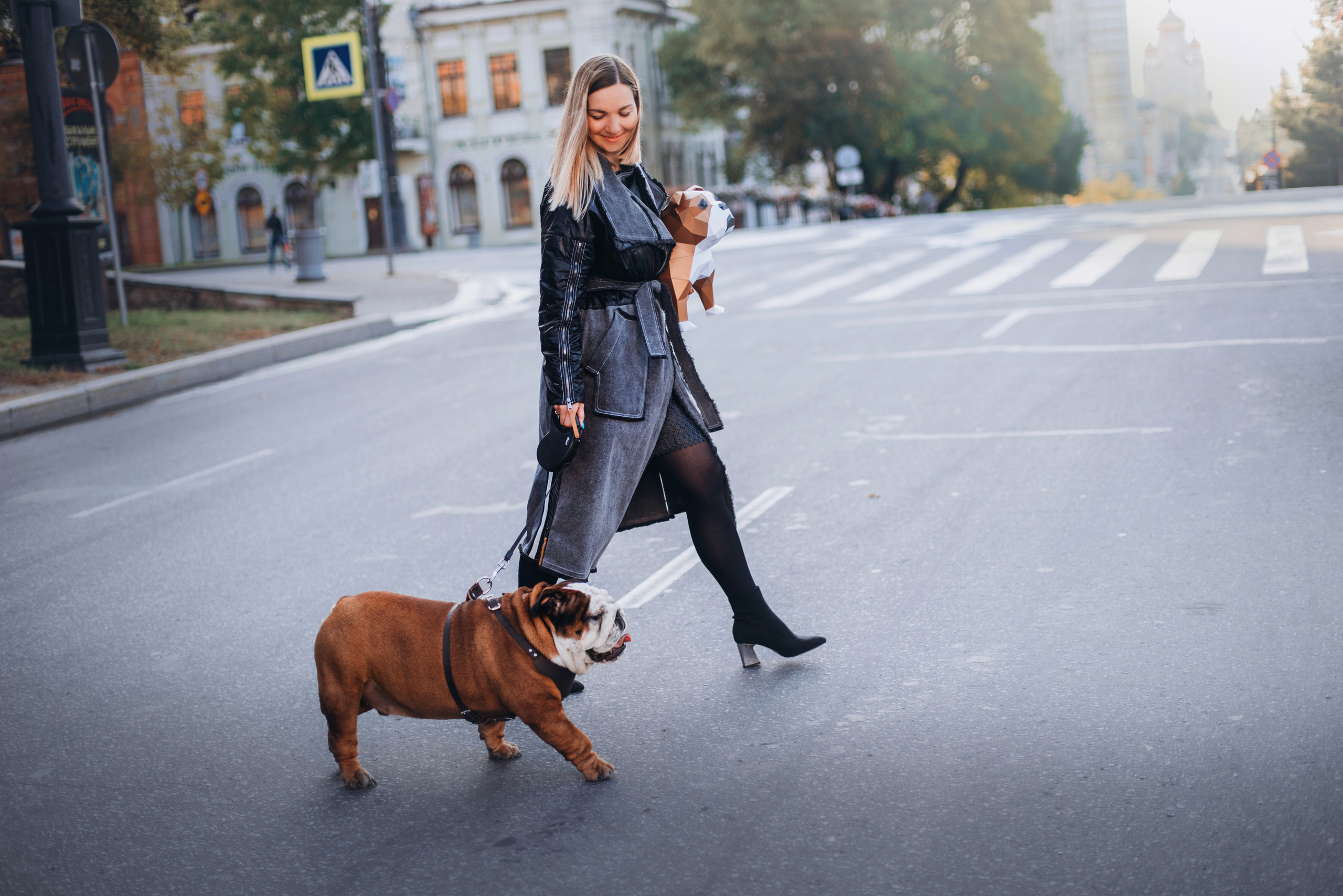 Рассвет в городе: бульдог Роберт и Юля. Портфолио