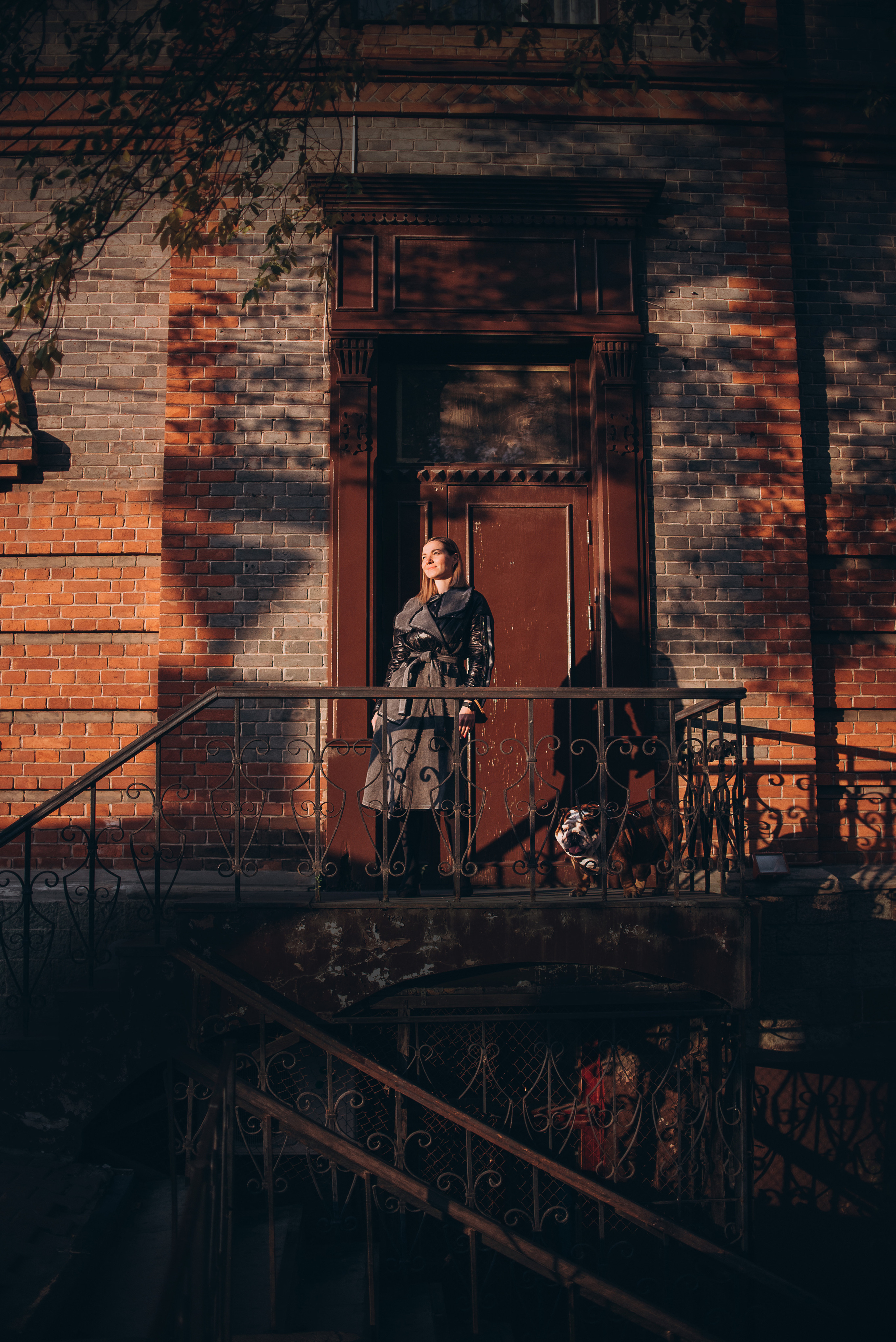 Рассвет в городе: бульдог Роберт и Юля. Портфолио