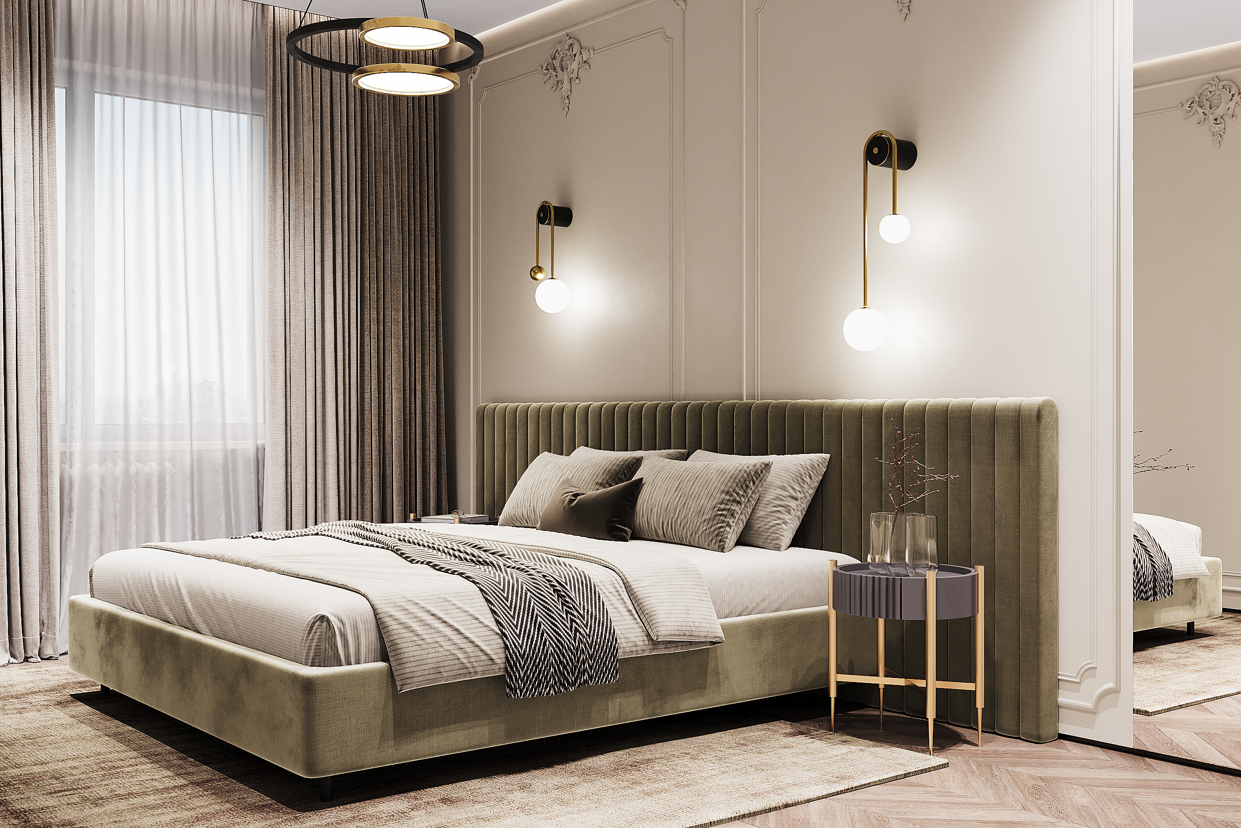 Современная спальня с мягким бархатным изголовьем оливкового цвета и подвесными светильниками