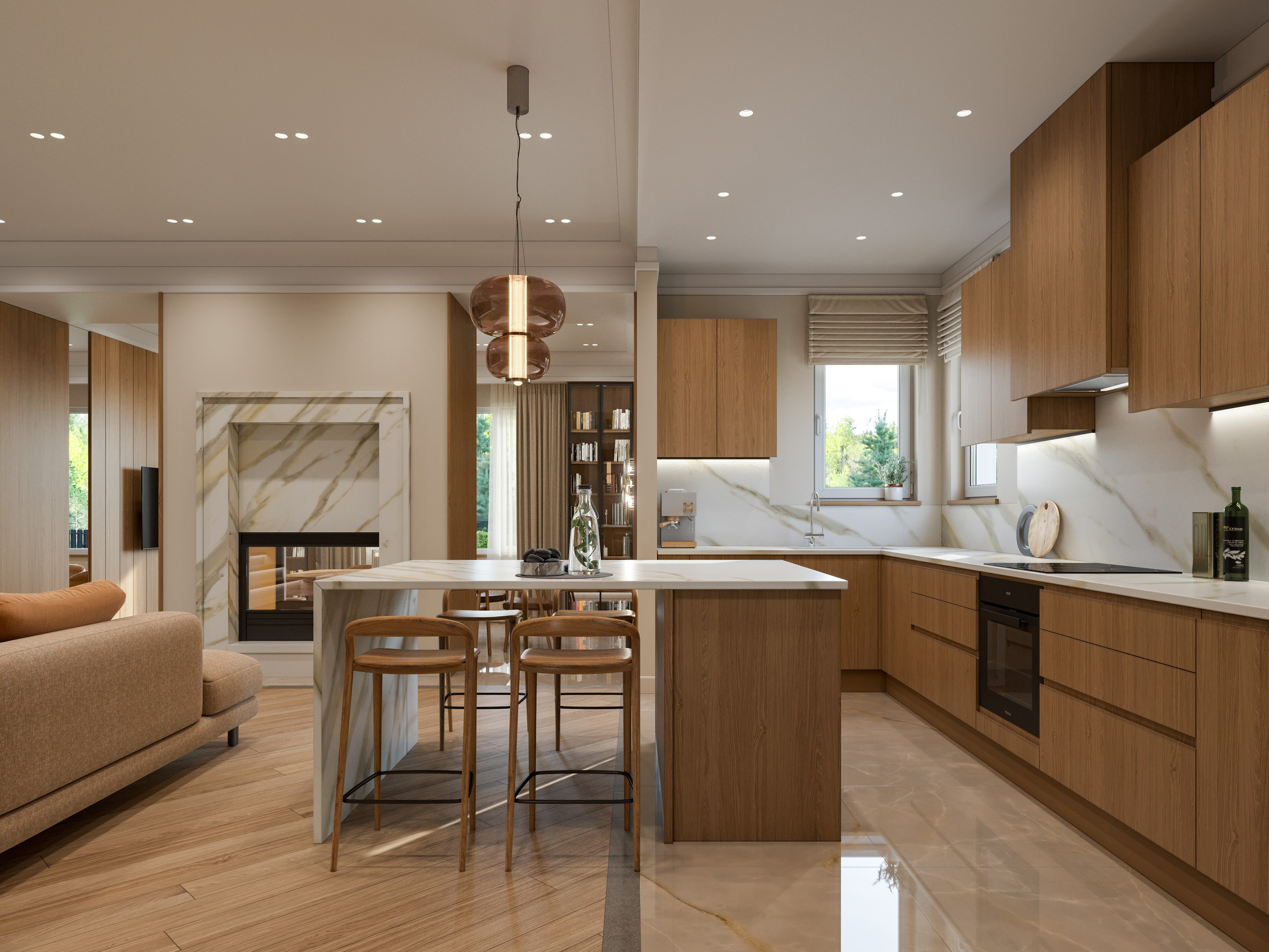 Кухонный остров с мраморной столешницей и встроенной техникой в современном стиле