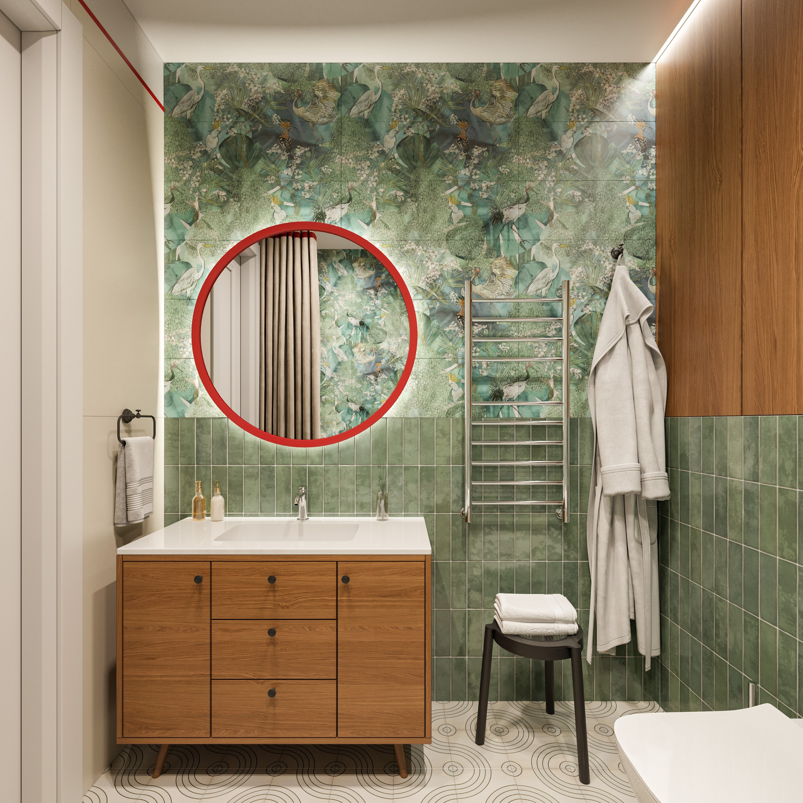 3D визуализация ванной с зеленой плиткой и зеркалом в красной раме