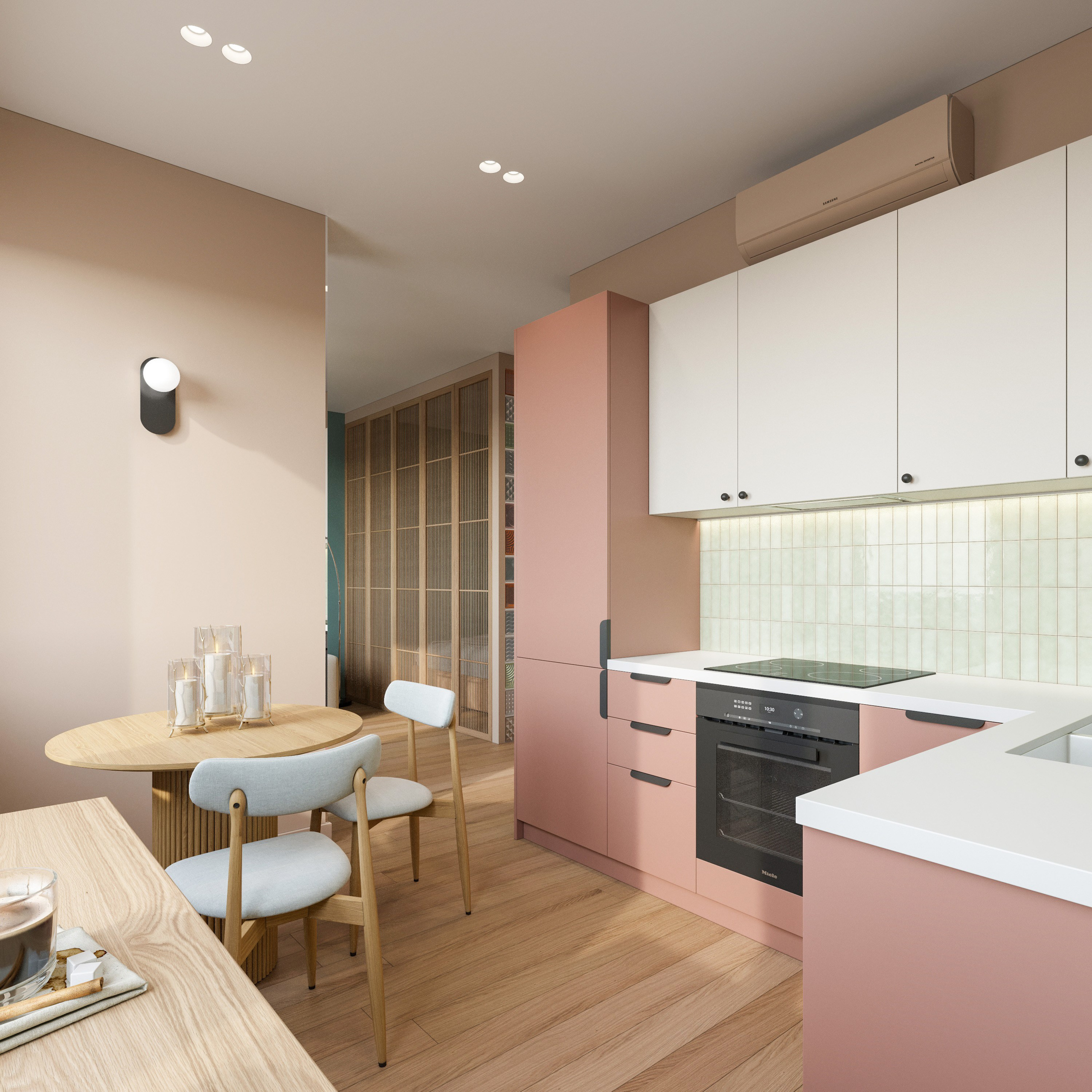 Яркая кухня с цветными фасадами в интерьере маленькой студии