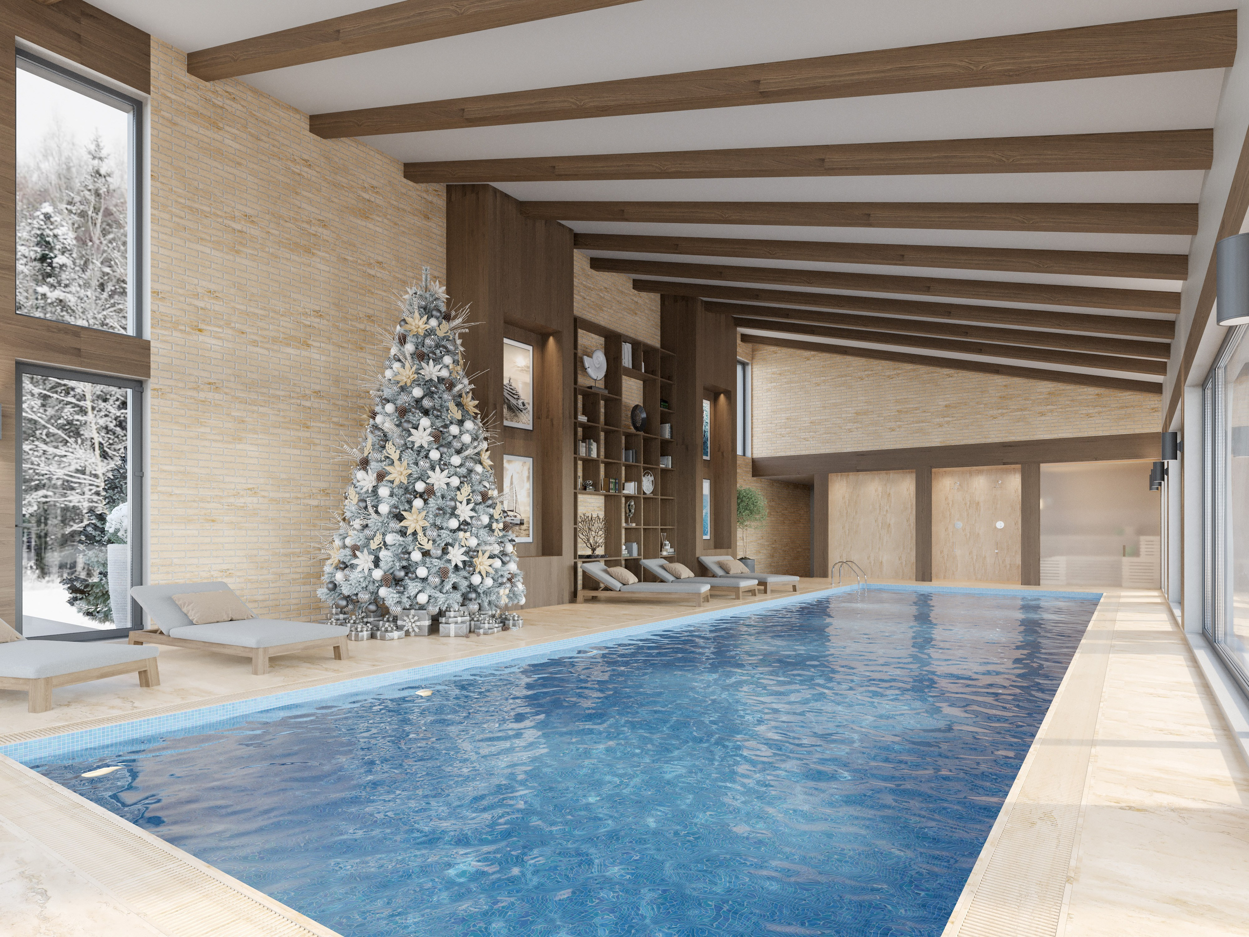 Бассейн в загородном доме с деревяными балками на потолке