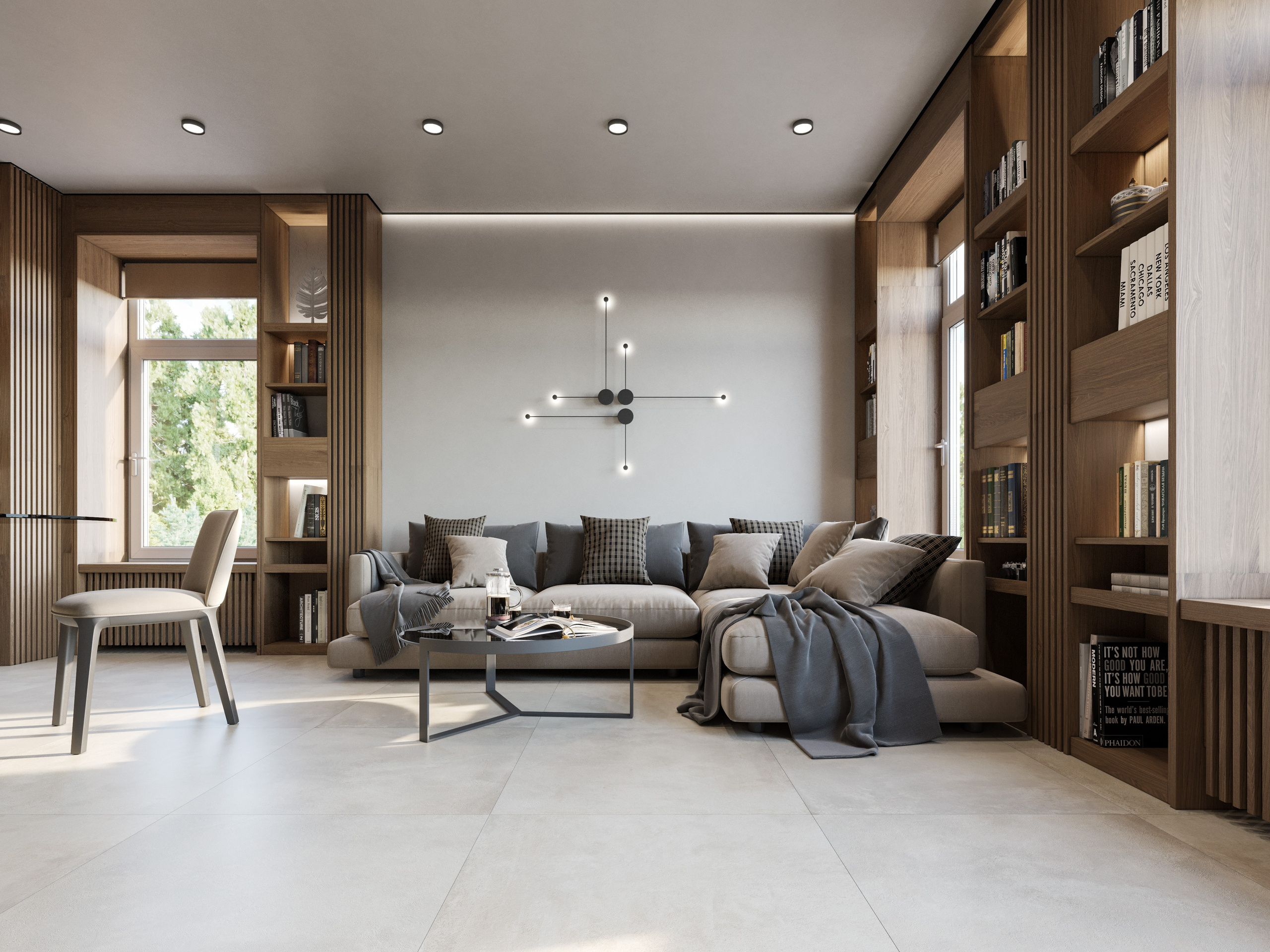 Зона отдыха с диваном простых форм и стеклянным журнальным столиком - минимализм