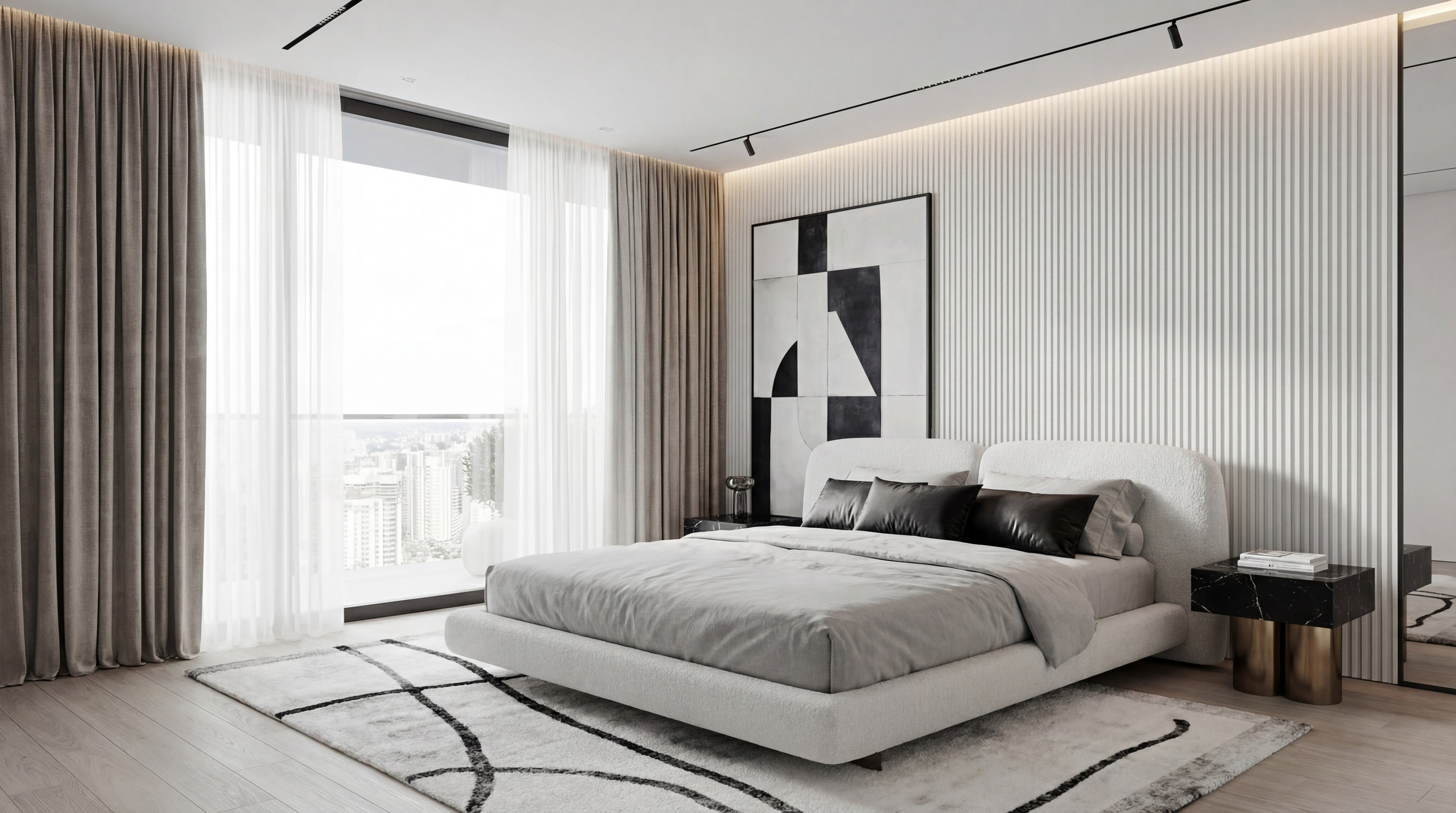 Интерьер спальни в премиальном проекте квартиры 125 м² от Валерии Котович: кровать букле, рифленые панели, мраморные тумбы, абстрактная живопись и панорамный вид.