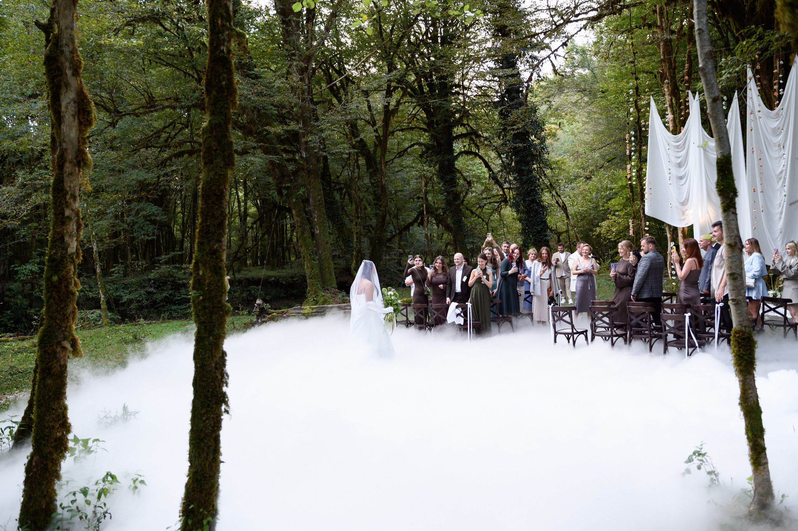 Лес все затянуто искусственным дымом невеста идёт к жениху где гости стоят и хлопает ладони дальний кадр лесу