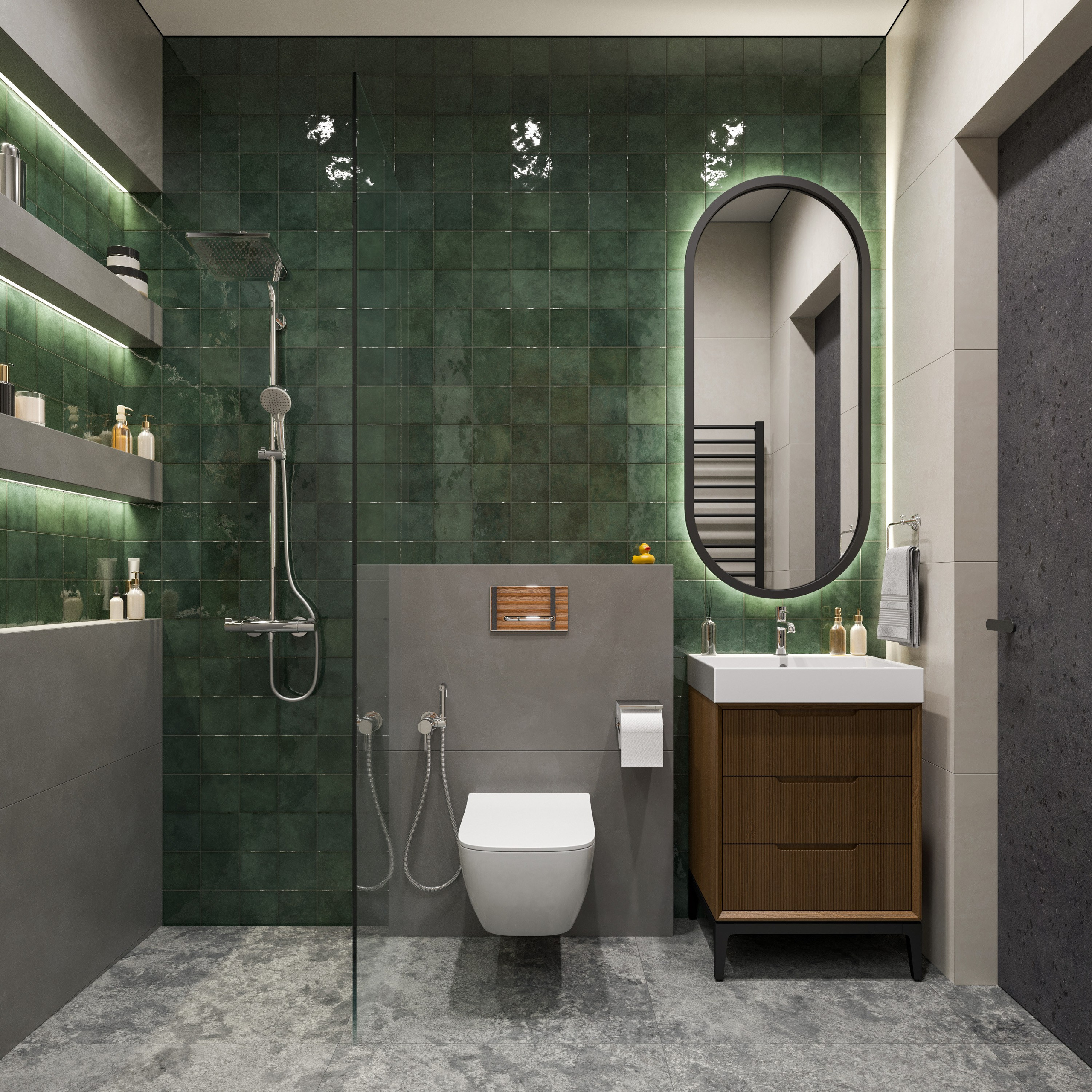 Душ с окном и фактурной плиткой в загородном доме