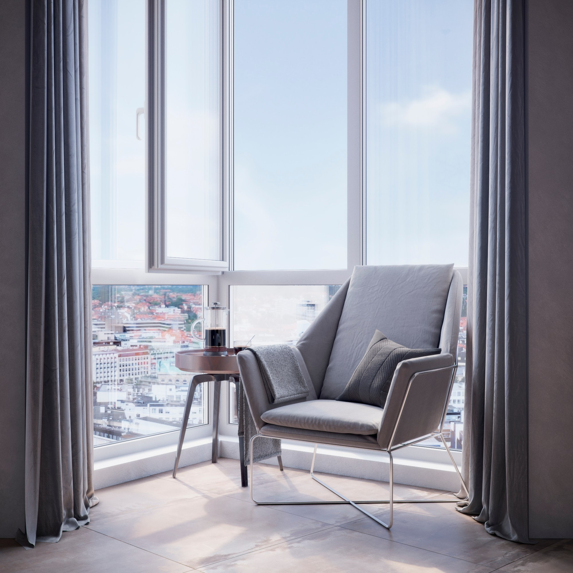 Зона для чтения в угловом эркере с креслом и кофейным столиком