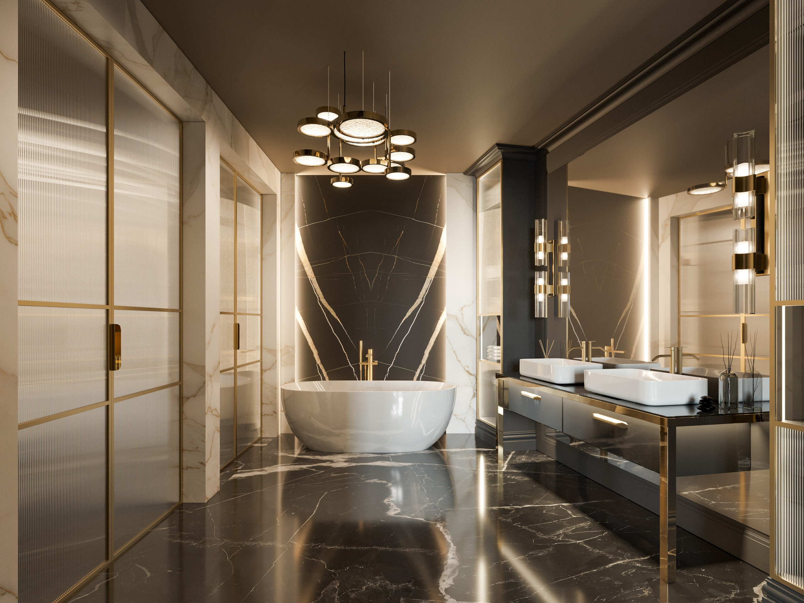 3D визуализация санузла при спальне с душевой кабиной и двойной раковиной