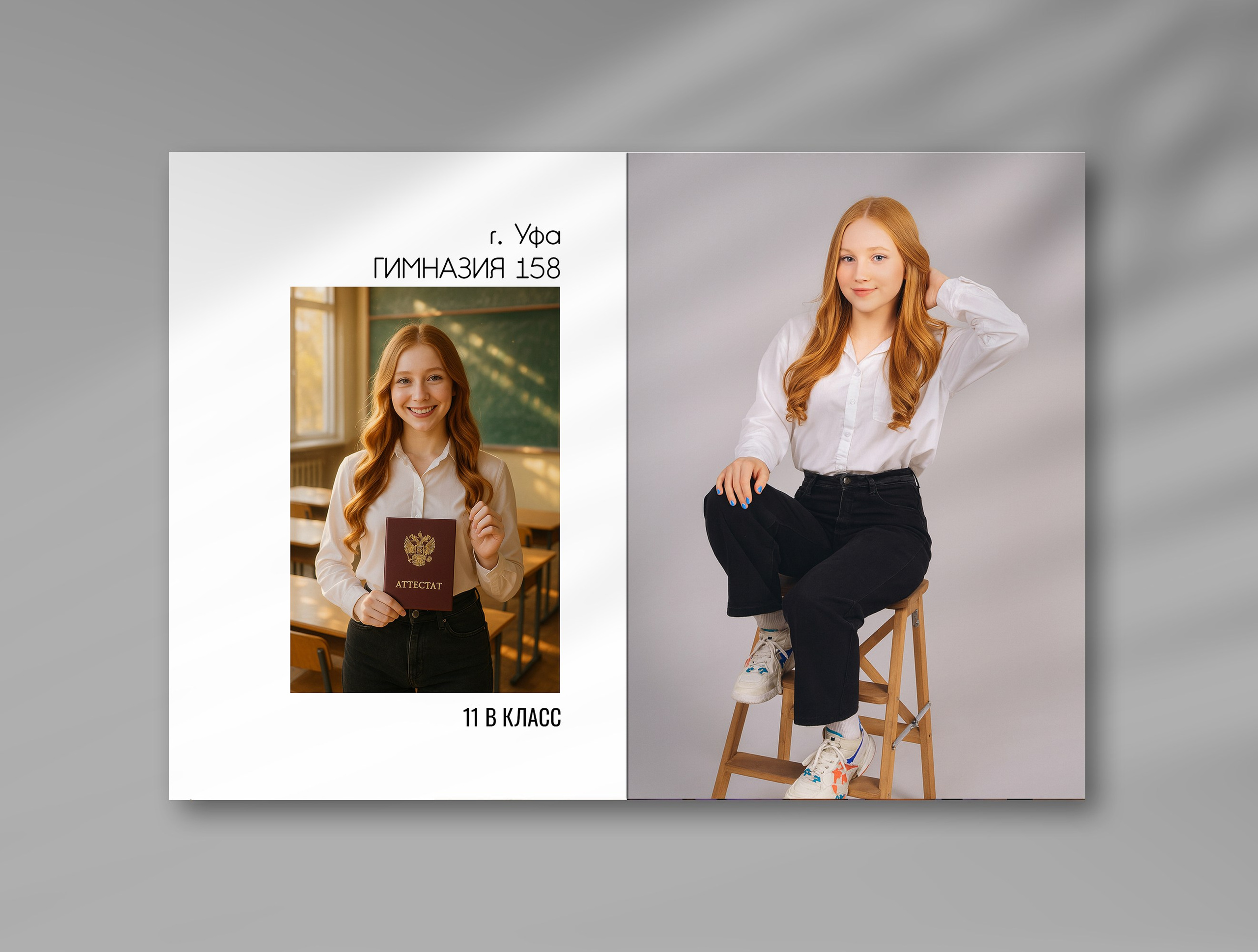 Выпускной альбом гимназии № 158, город Уфа — девочка с аттестатом, портрет на табурете.