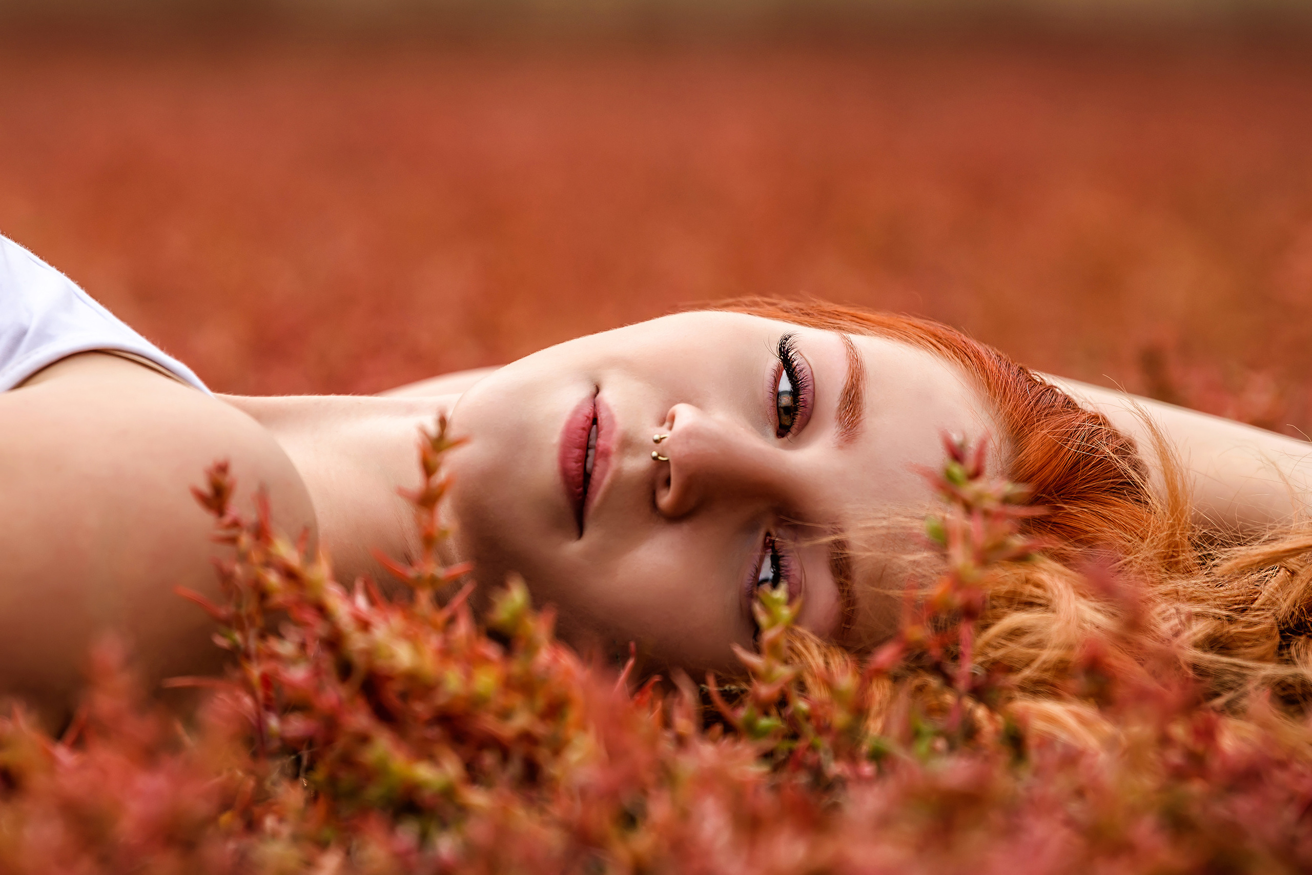Девушка с рыжими волосами, лежащая в красной траве