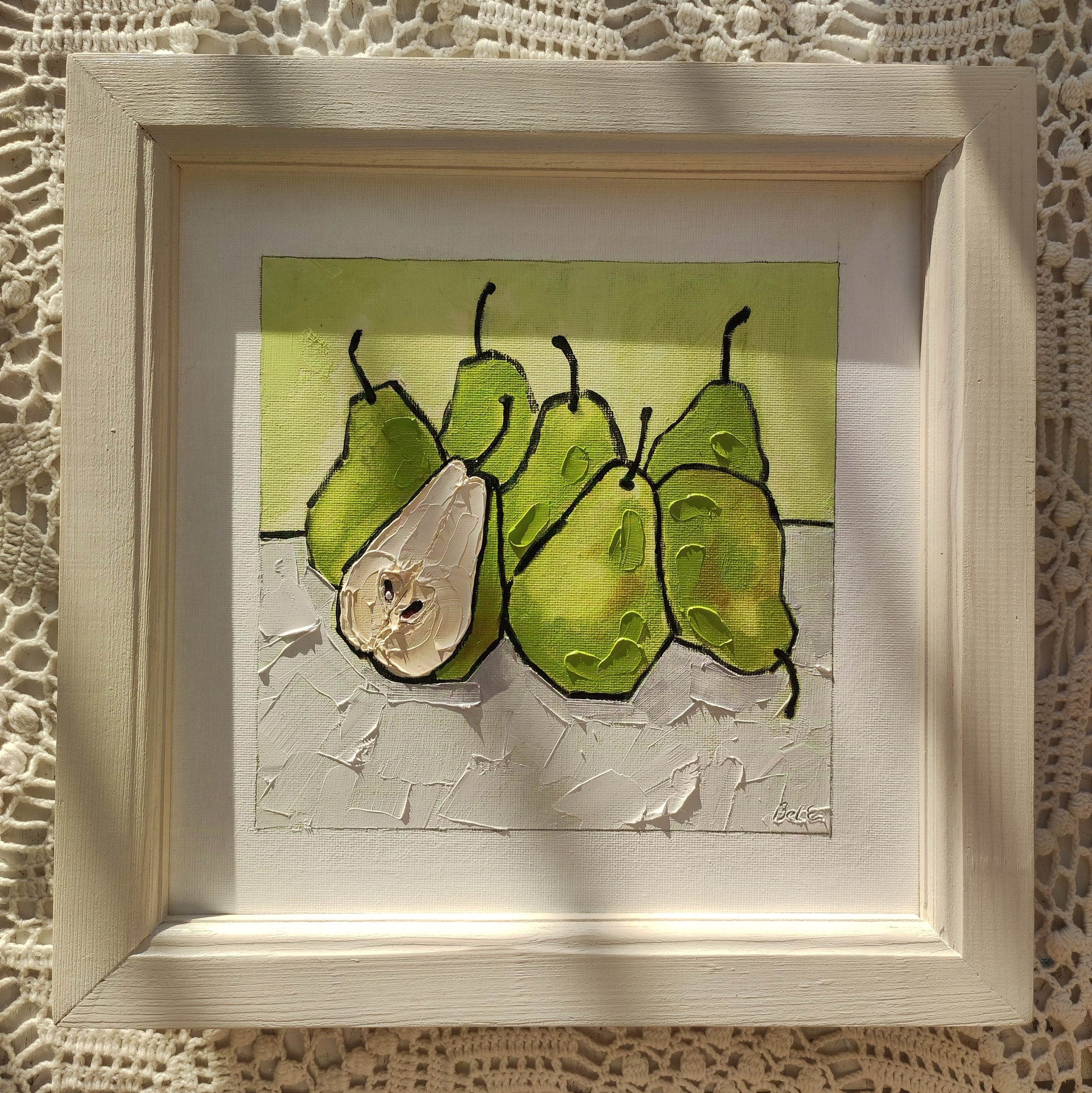 «Зеленые груши», масло, холст на картоне, 25×25 см. Галерея картин художницы Бельмесовой Евгении