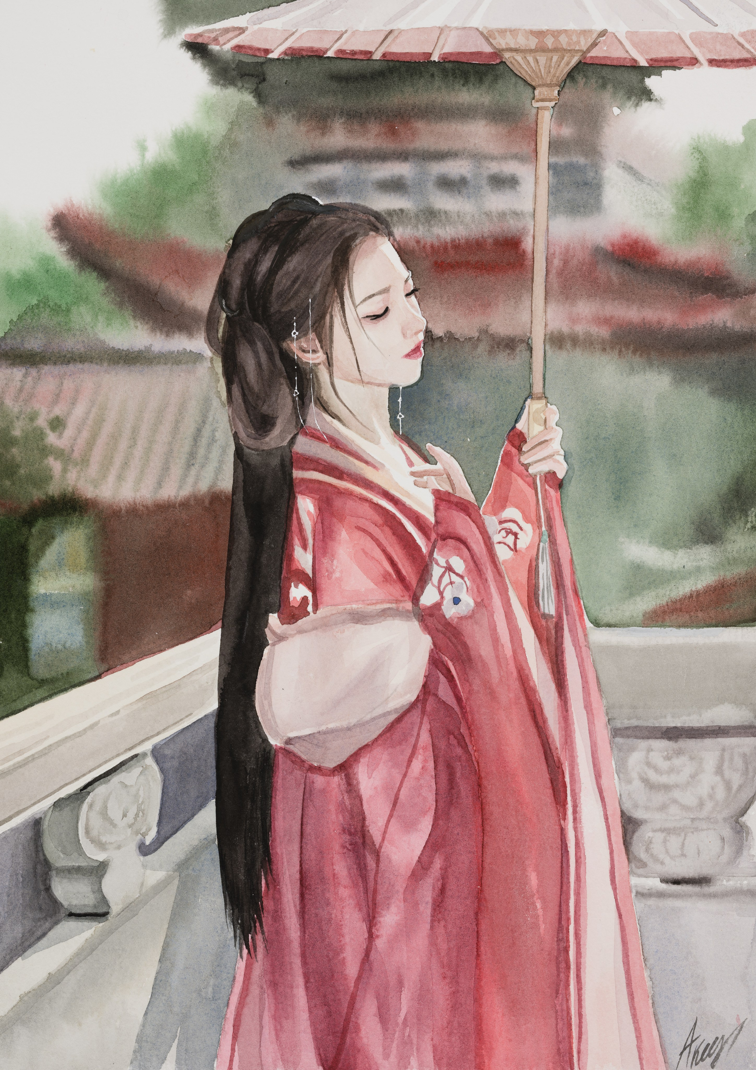 «На прогулке» - художник Татьяна Аксёнова (бумага, акварель, 29,7x21 см, 2025)