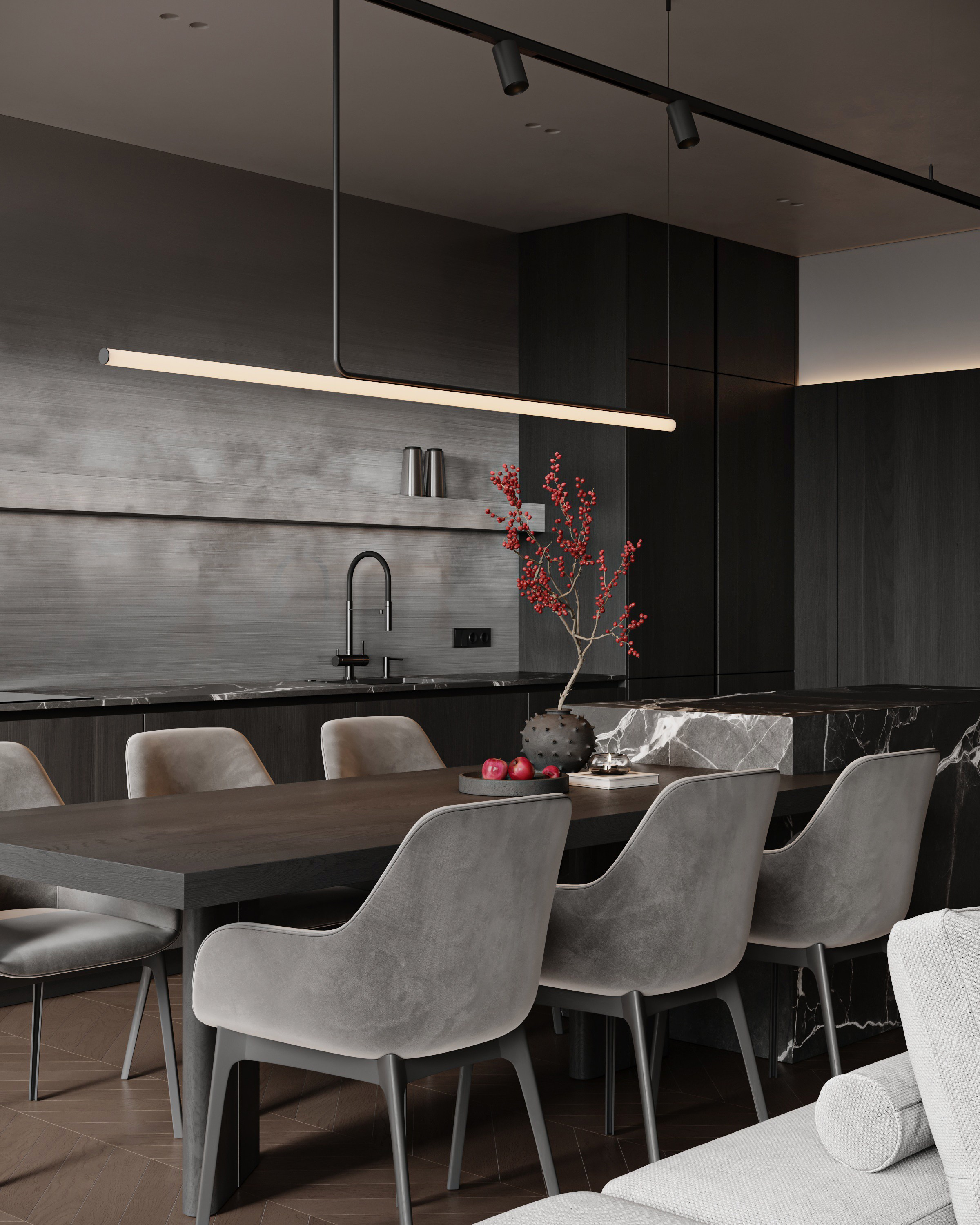 Интерьер современной кухни-гостиной для холостяка