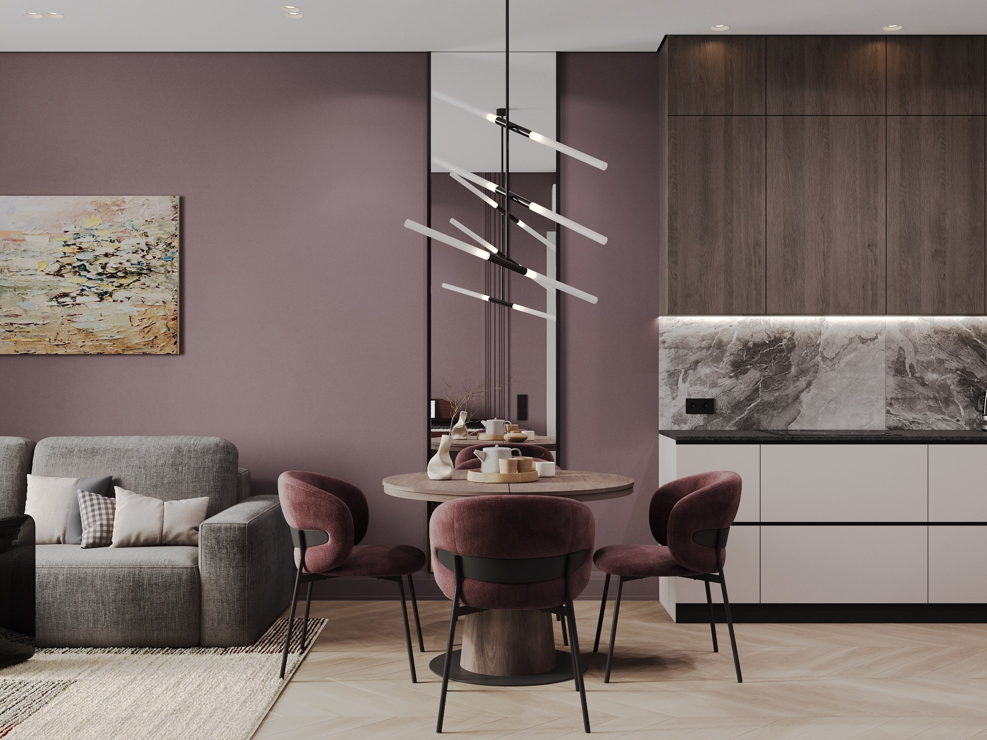 дизайн интерьера кухни-гостиной в сложных сливовых тонах, серый диван и зеркало у обеденного стола, кухня в современном стиле