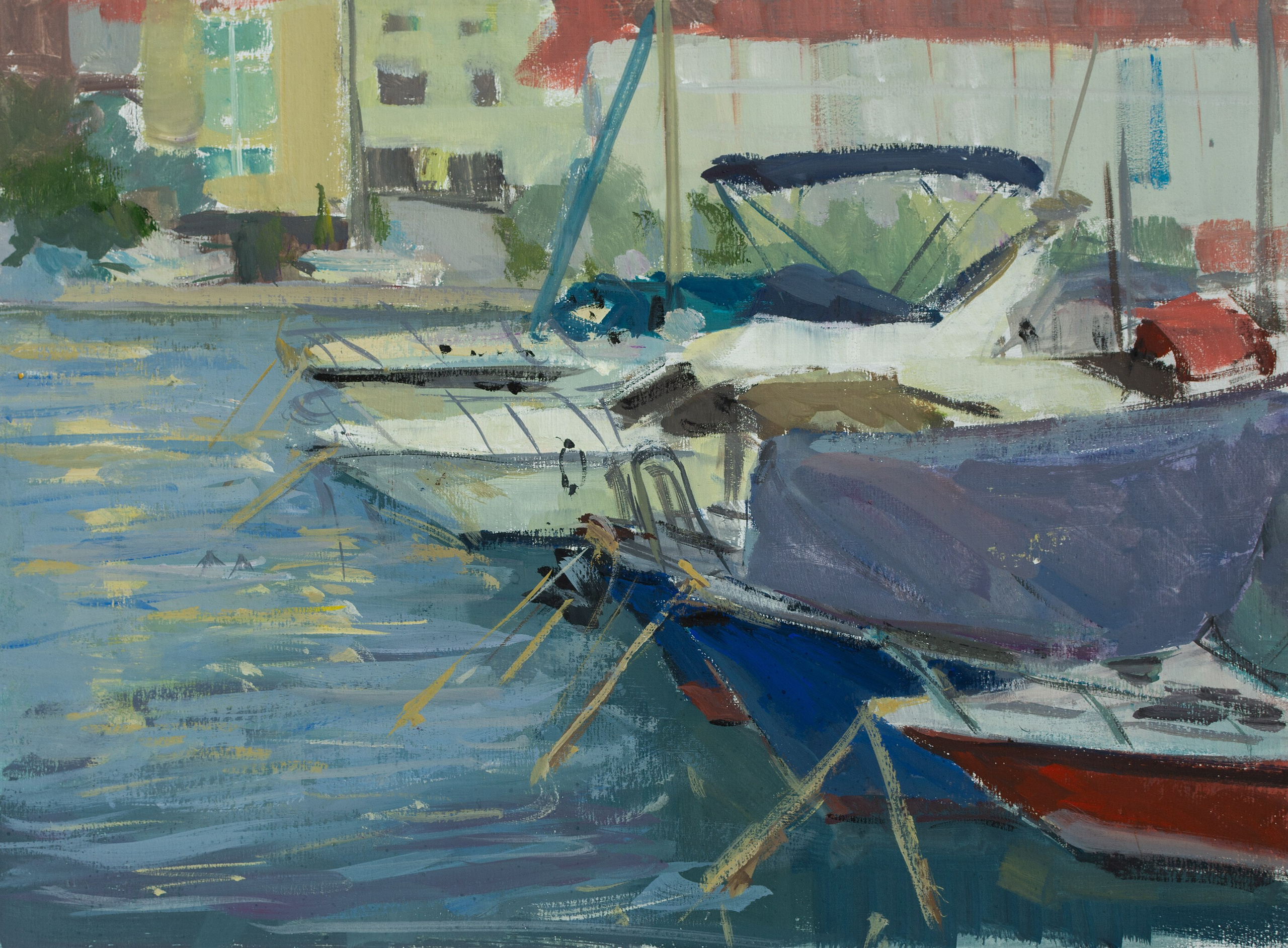 "Этюд. Причал" картон, гуашь 28.5х38.5см, 2023г