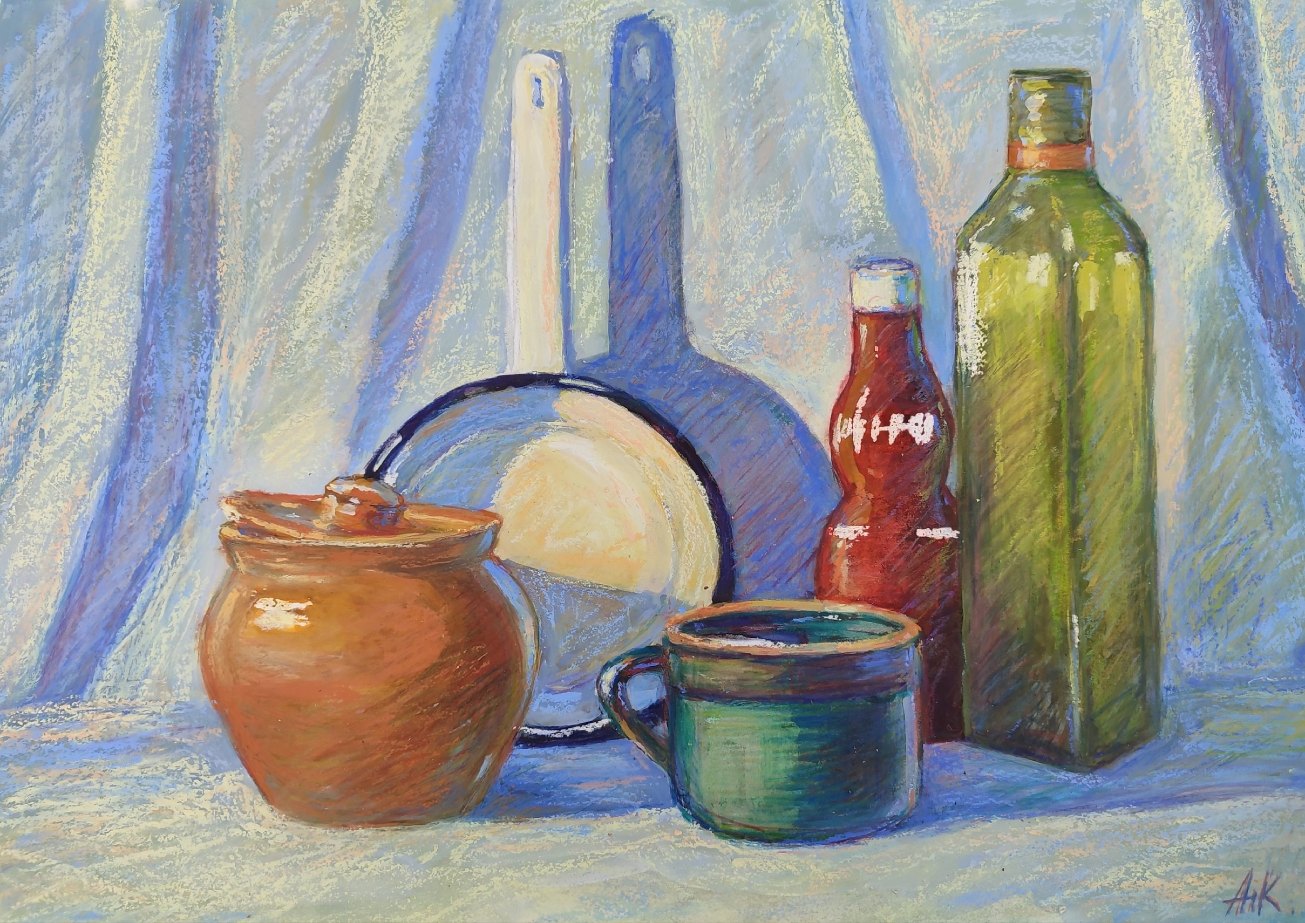 Рисунок в смешанной технике с кухонной  посудой 