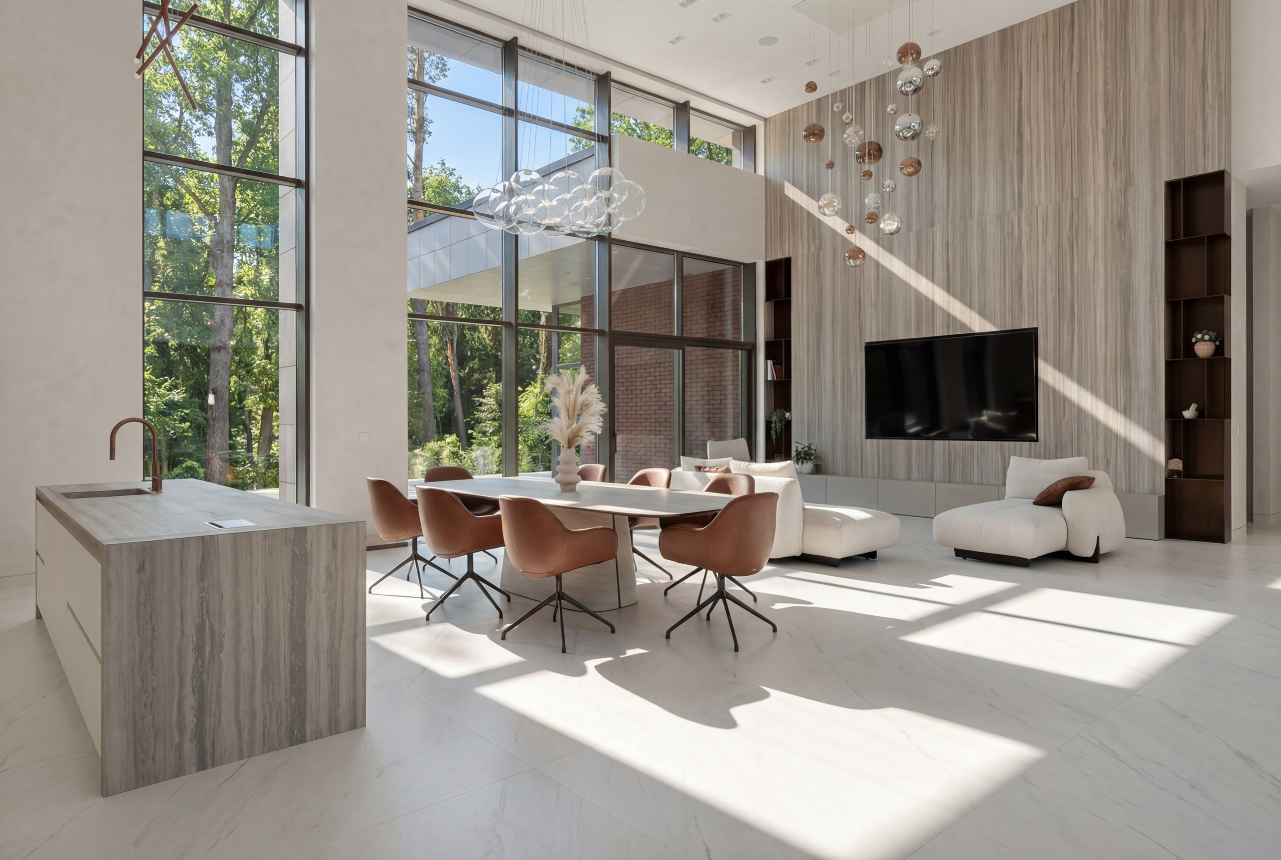 Архитектурный интерьер двухсветной гостиной от Валерии Котович: панорамные окна в пол с видом на лес, современная обеденная зона с терракотовыми креслами и минималистичный кухонный остров в премиальном доме у воды.