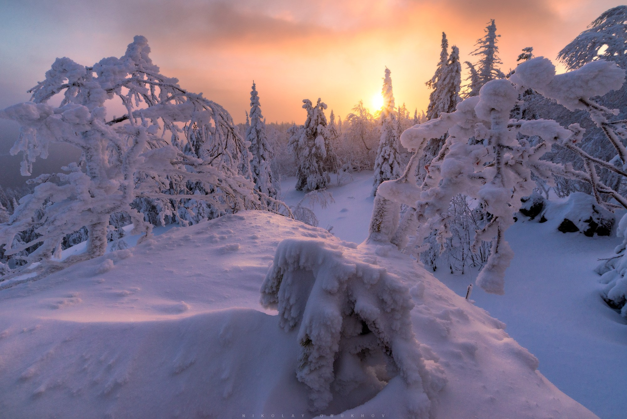 Красивый зимний лес в лучах восходящего солнца на ГЛК «Гора Белая» в окрестностях Нижнего Тагила.