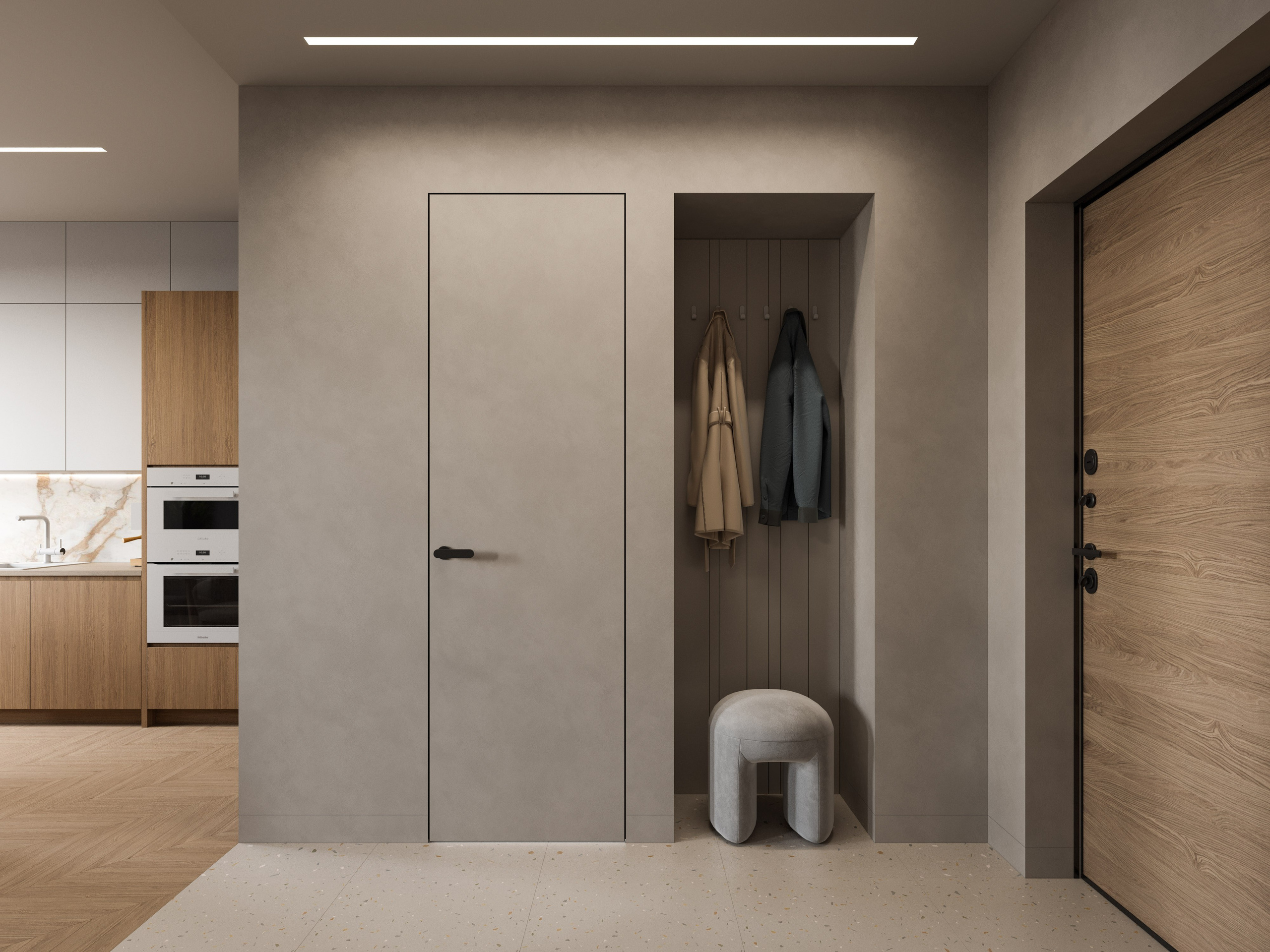 Прихожая в нейтральных тонах с нишей с вешалкой и пуфиком