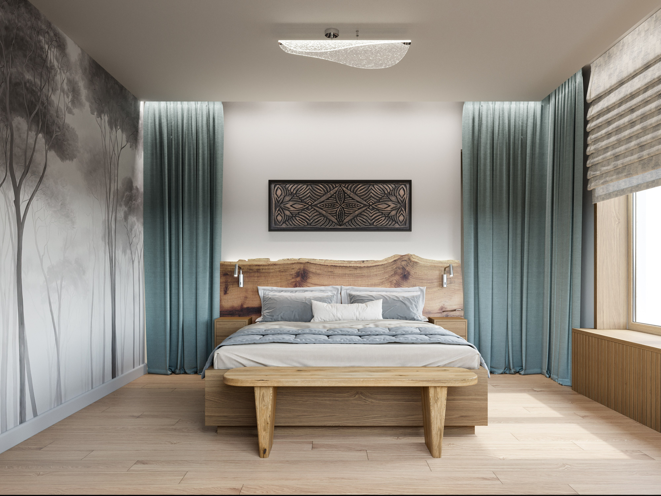 Кровать с изголовьем из слэба дерева и массивной деревянной скамьёй