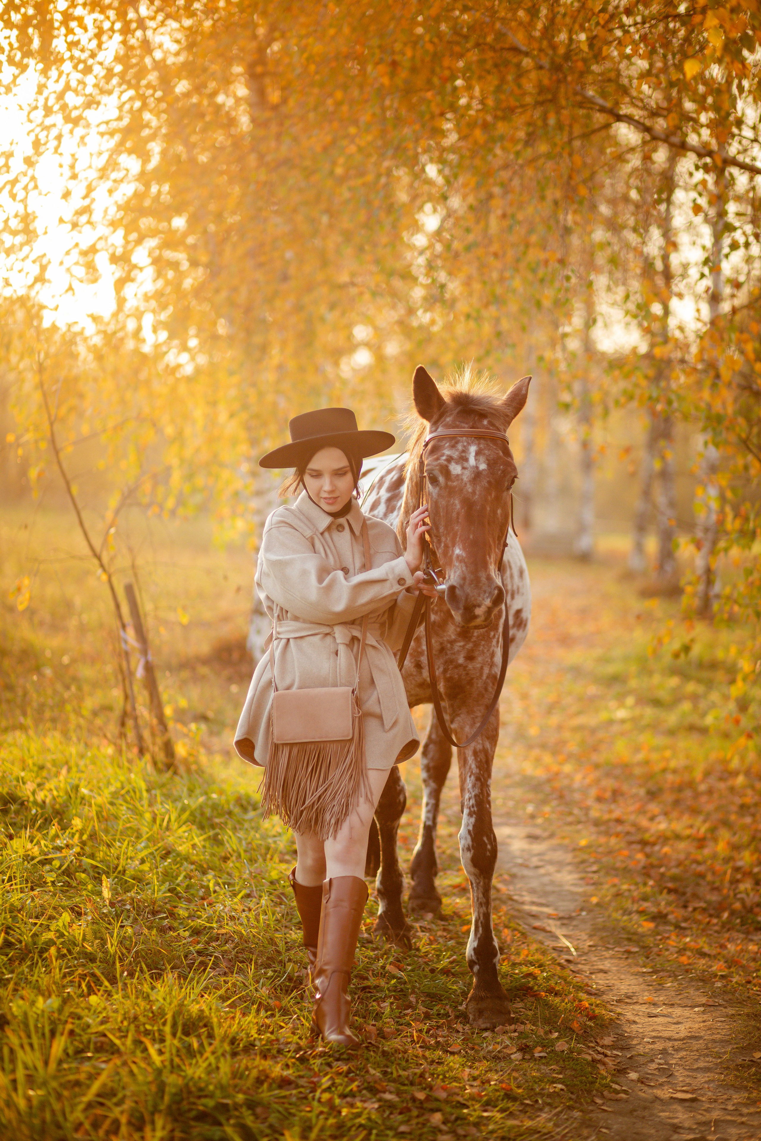Девушка на фоне желтолистной березы идет по тропинке с лошадью.