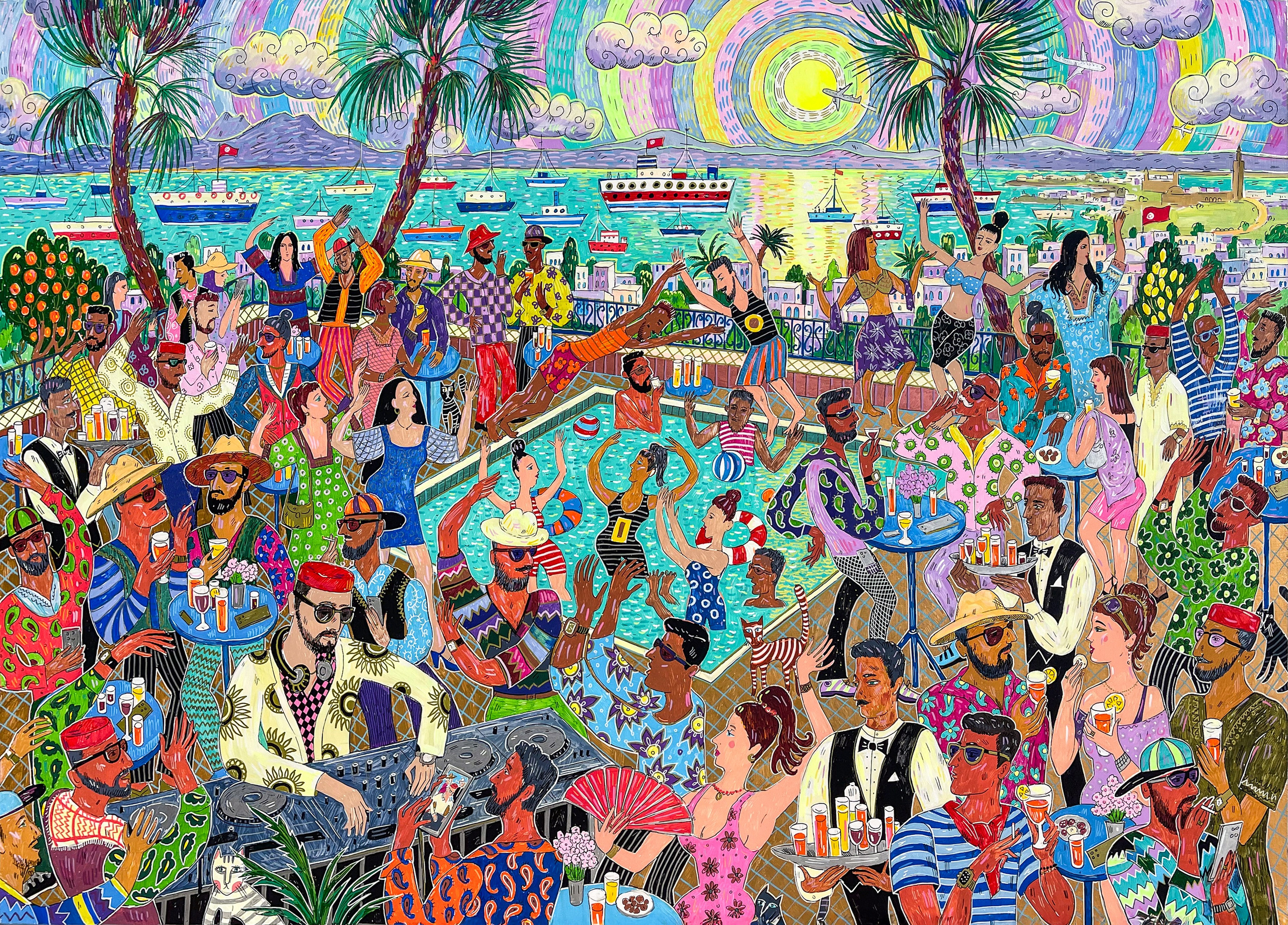 A Tunisian Party in Summer, acrylic markers on canvas, 90 × 125 cm, 2025