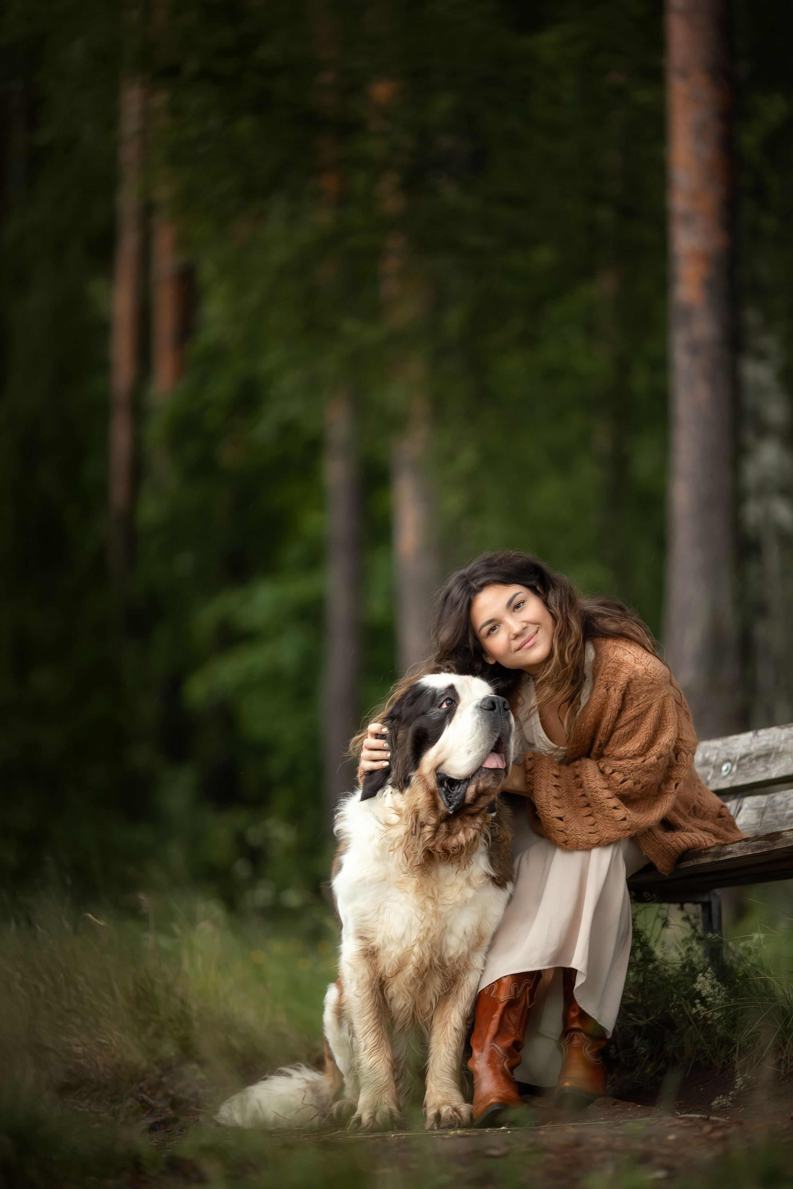 Девушка в коричневом кардигане обнимает сенбернара на скамейке в лесу, мягкий свет и тёплая атмосфера.