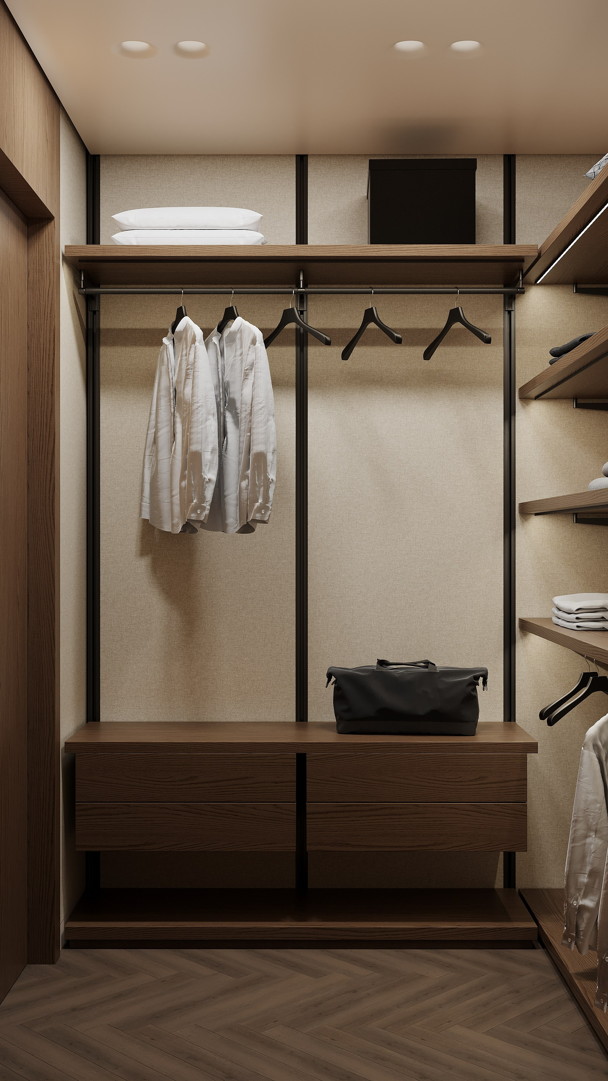 гардеробная в мастер спальне с тканевыми панелями и открытой системой хранения         A master bedroom walk-in closet with fabric panels and open storage