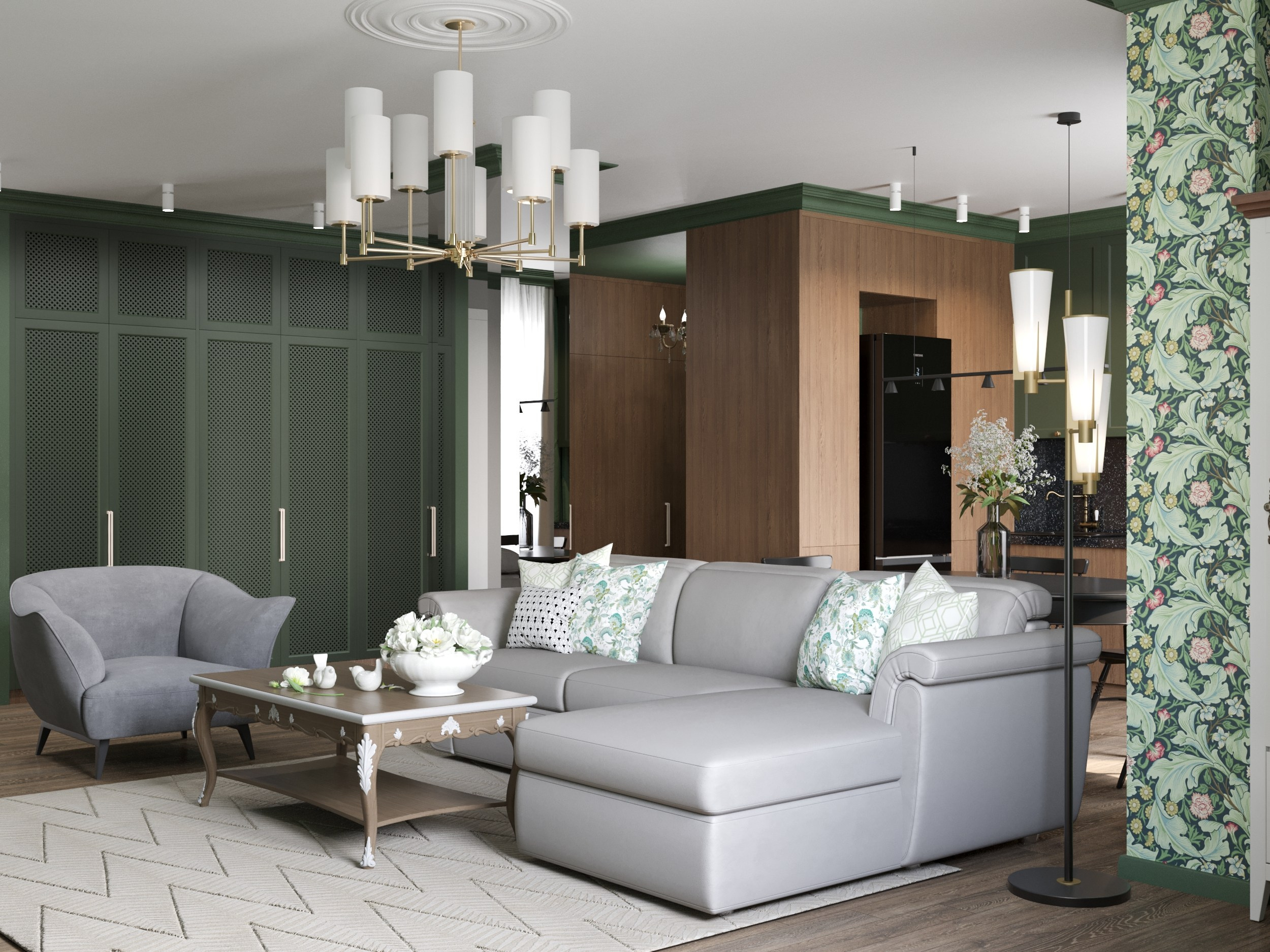 интерьер гостиной в классическом стиле с обоями в зеленом цвете, большой угловой диван и кресло