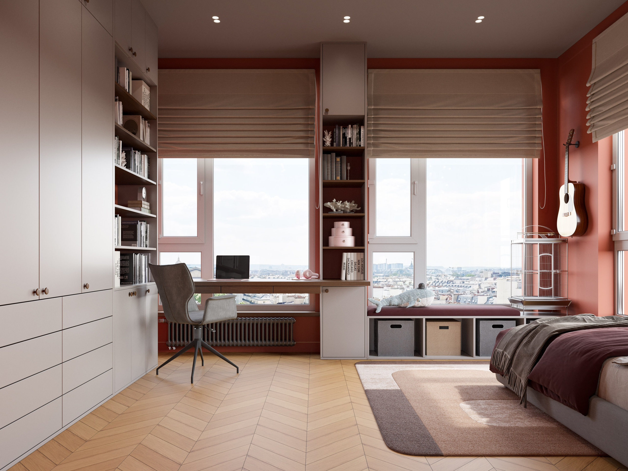 Красно-оранжевая спальня с тематическим декором и организацией системы хранения