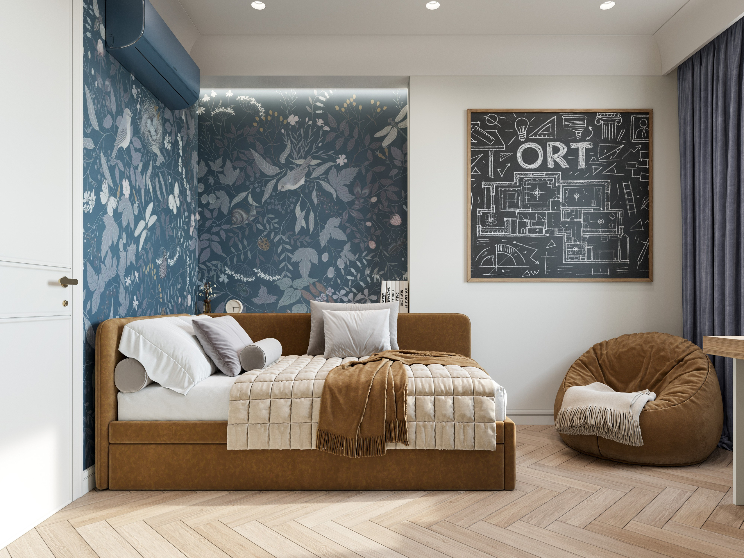 Детальная 3D визуализация интерьера с золотыми элементами и теплым текстилем