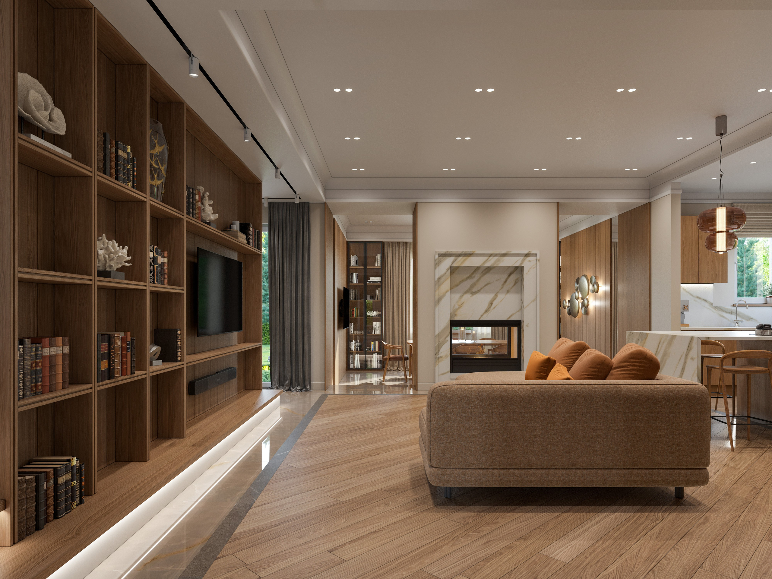 Зона отдыха в гостиной с деревянными панелями и диваном в современном стиле