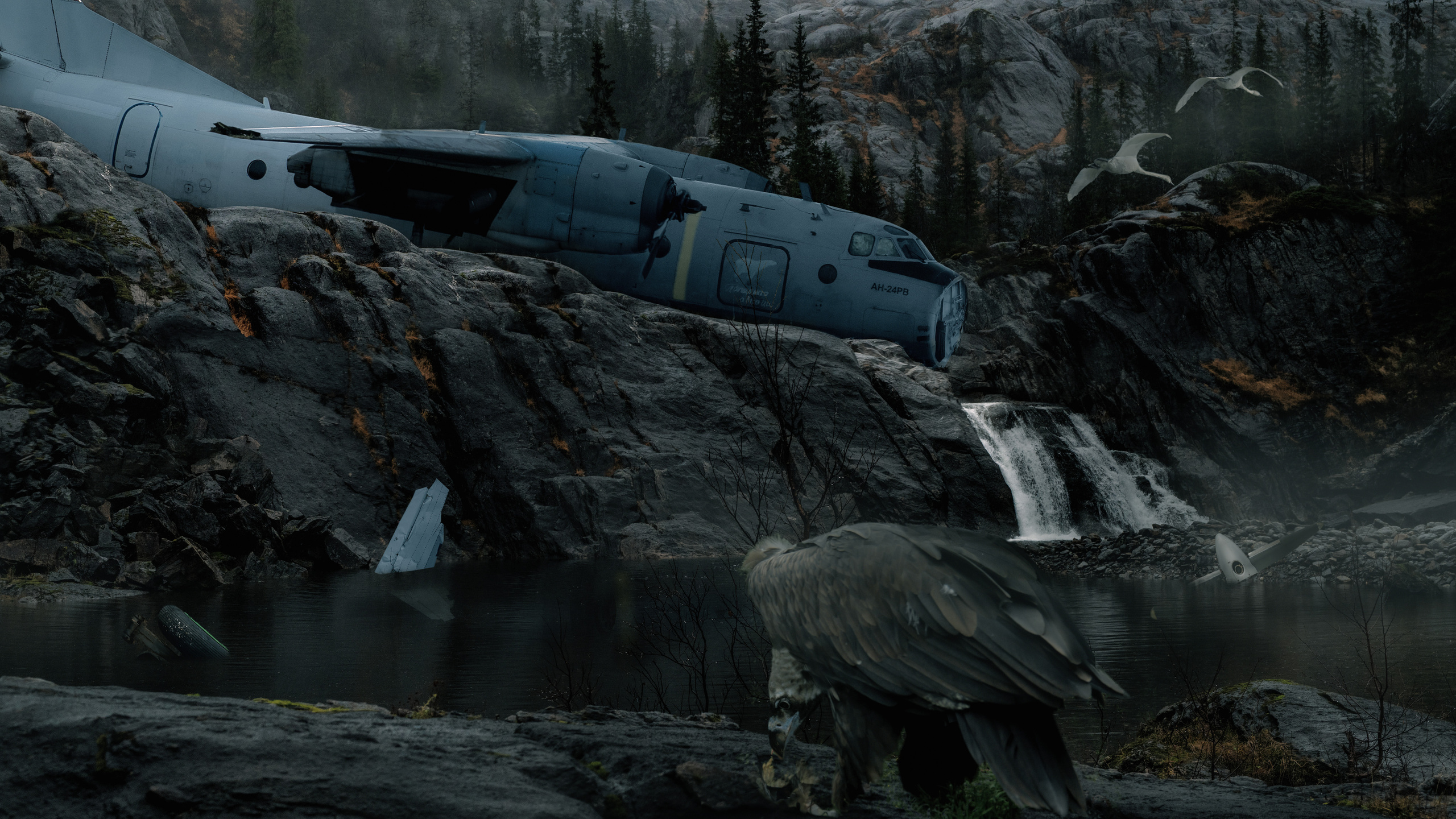 The crashed An-26 plane in the mountains near the lake interior photography