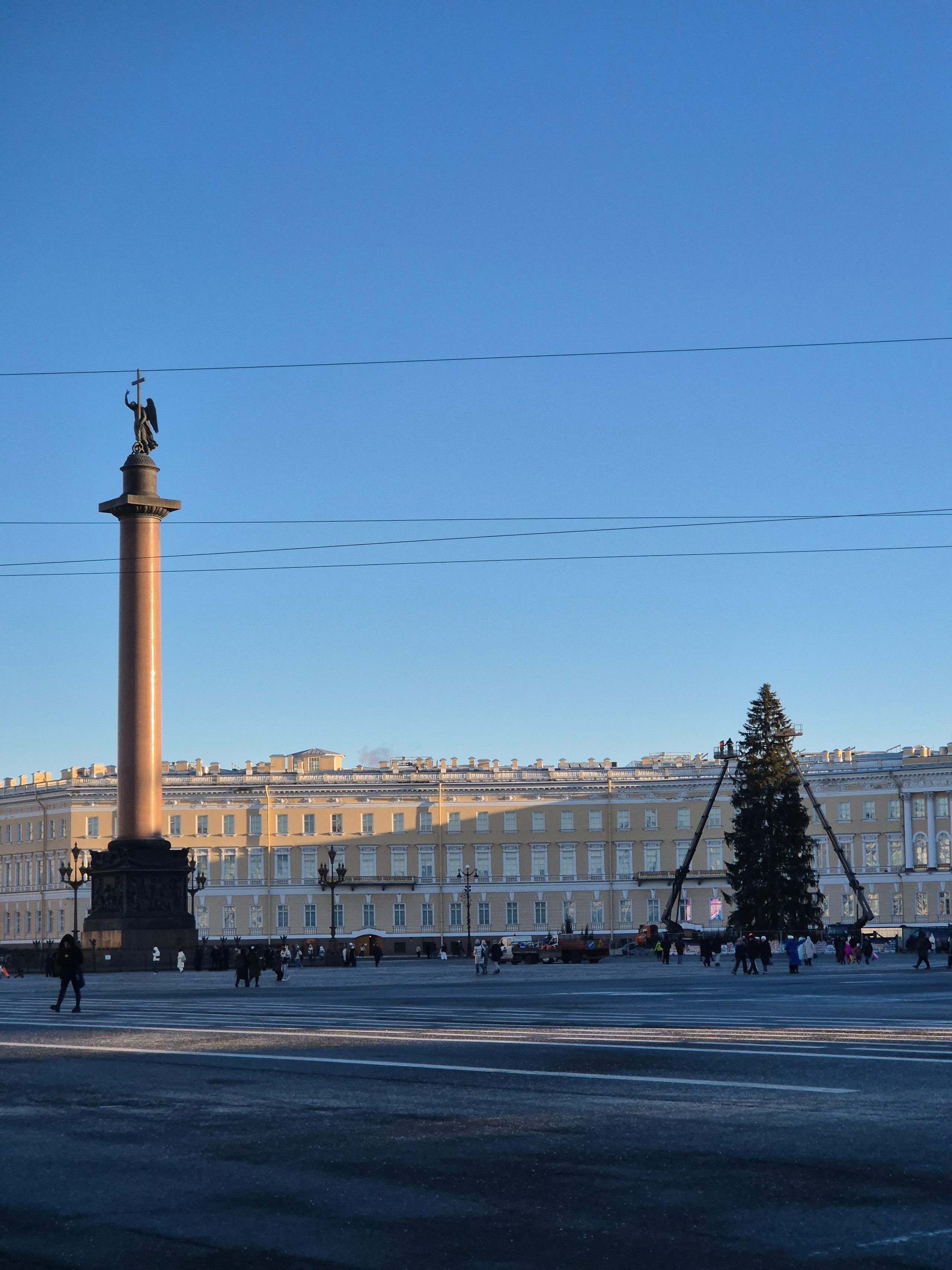 На Дворцовой площади устанавливают елку. В прошлом году она была кривовата. В этом выровняли со всей тщательностью